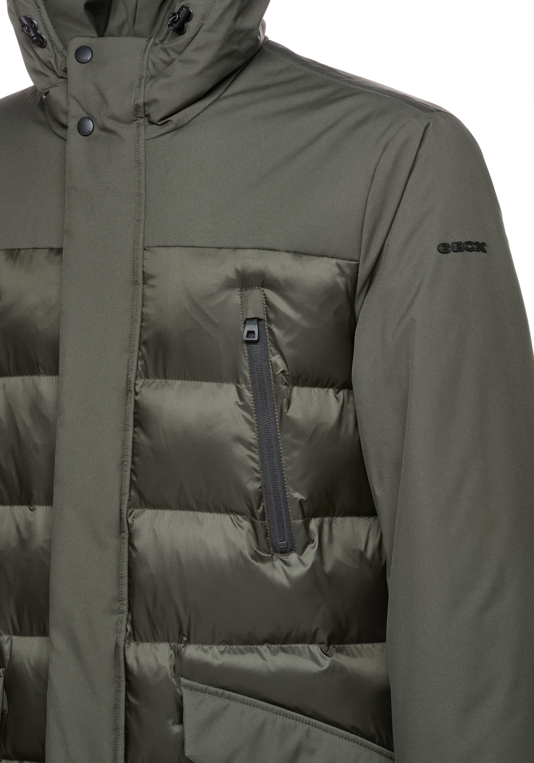 Geox Langjacke »SAPIENZA«, mit Kapuze, im Materialmix, 4 Taschen, Kapuze, verdeckter Reißverschluss