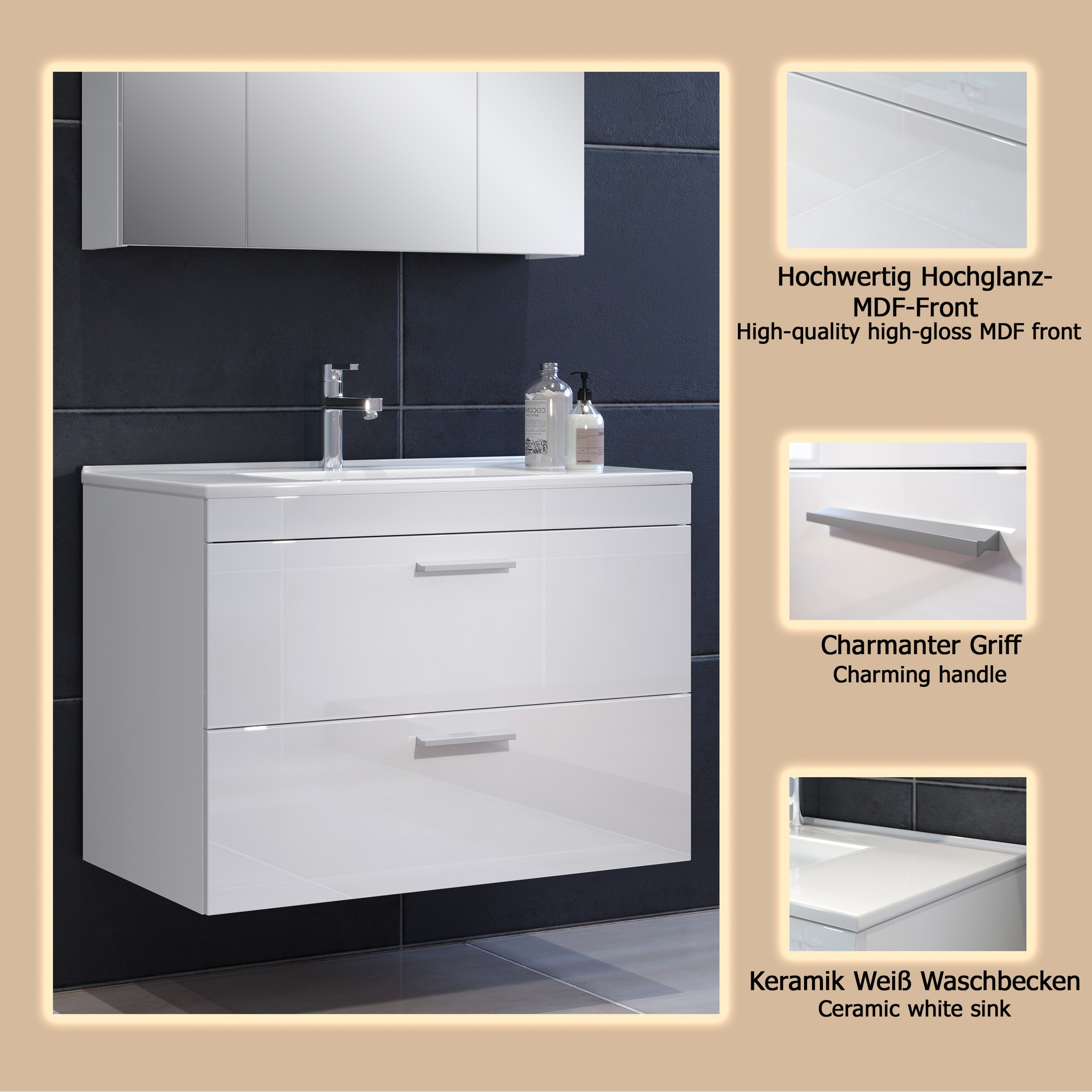 welltime Waschbeckenunterschrank »Dormoletto« Hänge-Waschbeckenunterschrank m. Becken - (B/T/H) 81/47/59 cm