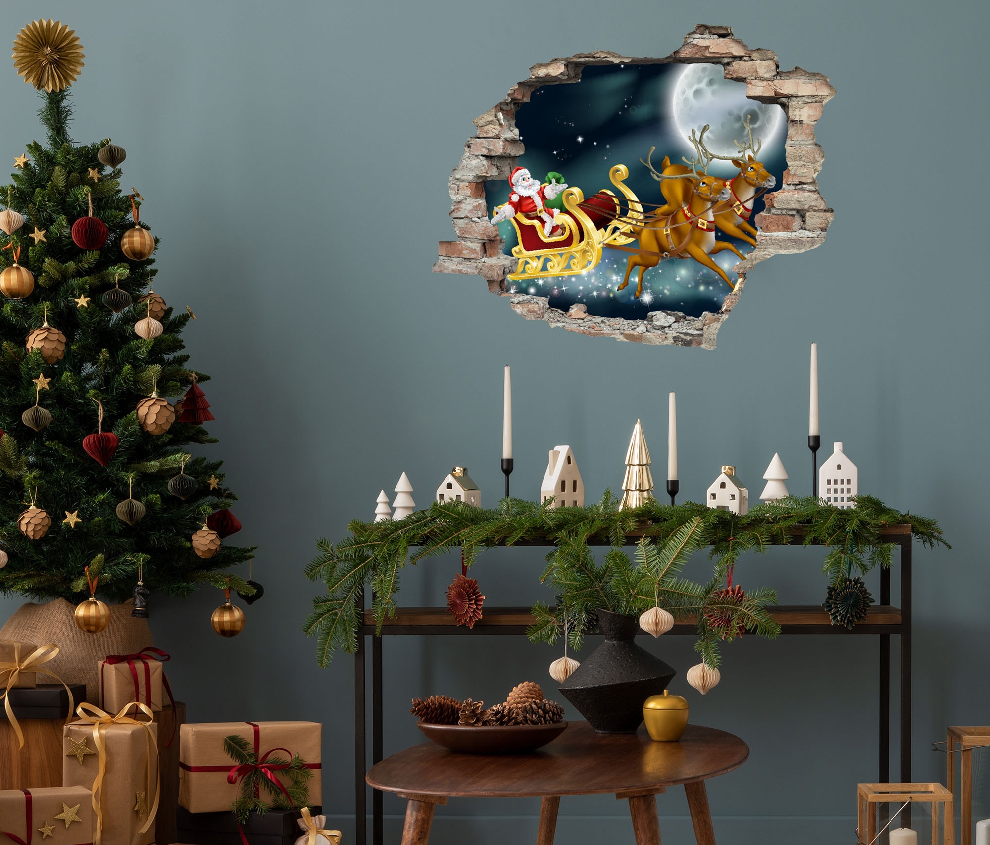 queence 3D-Wandtattoo "Weihnachtsmann mit Rudolf" selbstklebender Wandstick günstig online kaufen