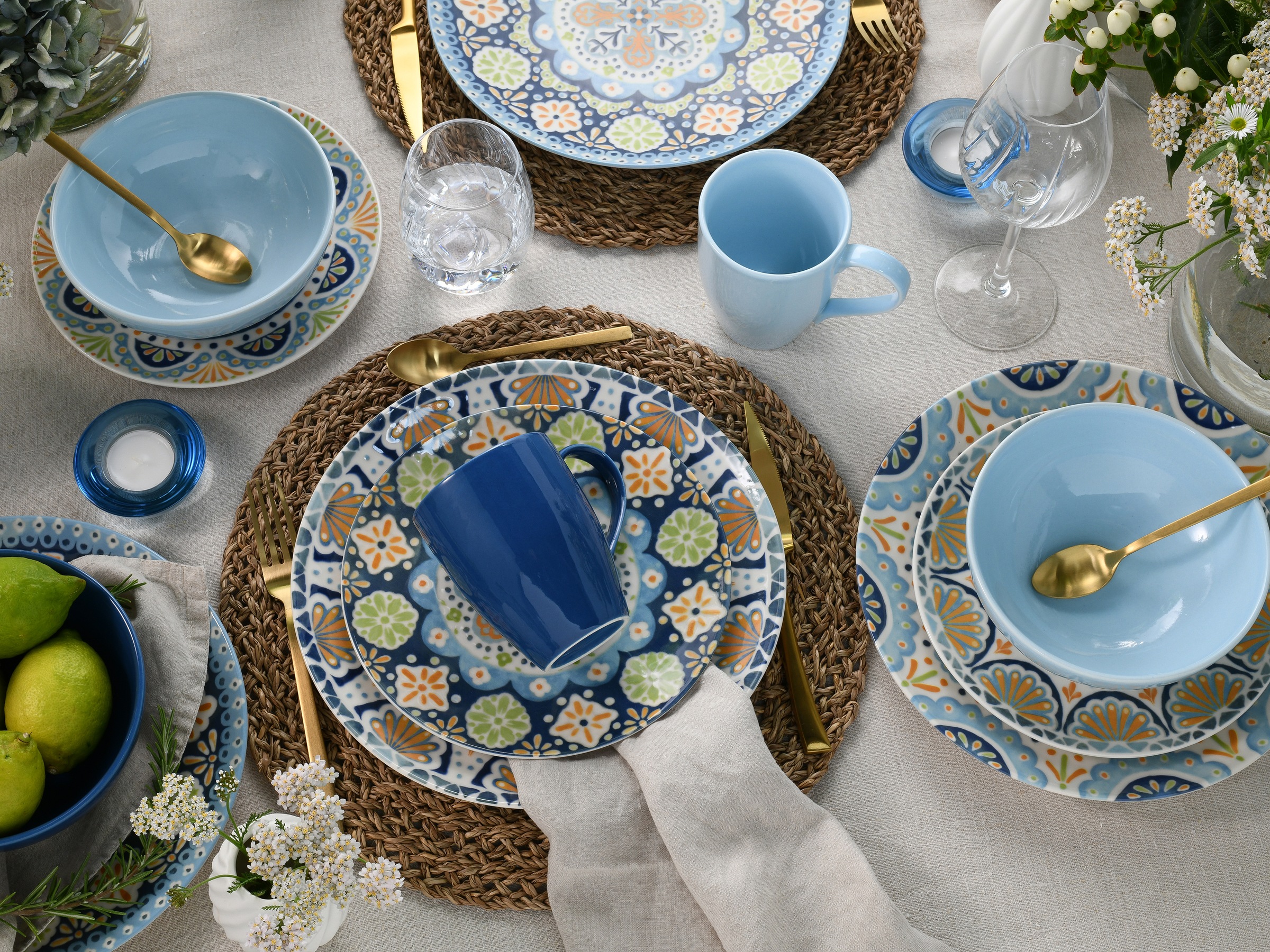 CreaTable Kombiservice »Patio, Geschirr-Set, 16-tlg.« Hellblaue und blaue Farbglasuren, Hochwertiges Steinzeug