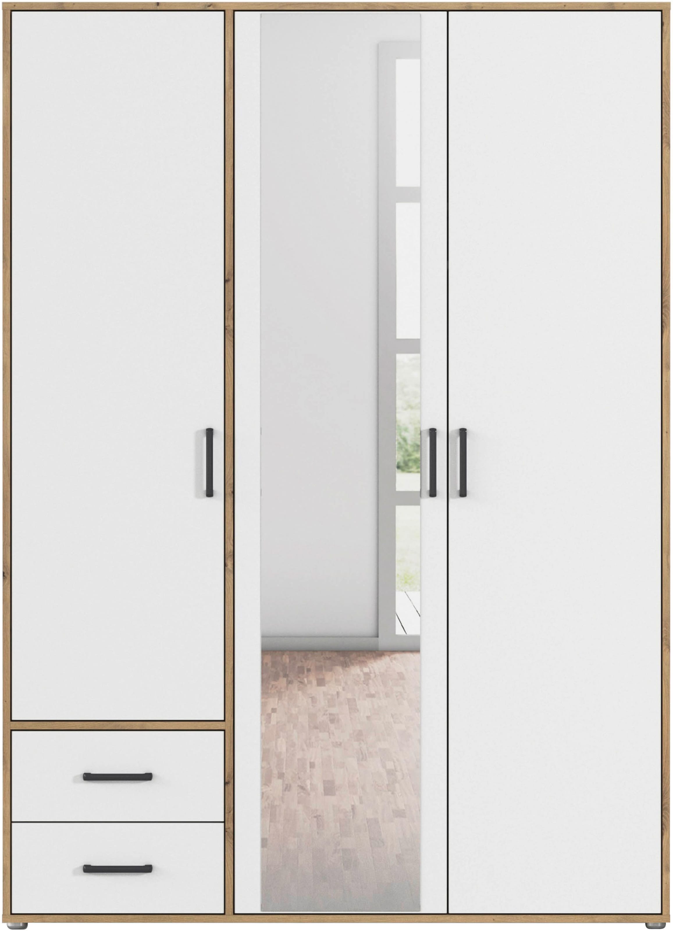 rauch Drehtürenschrank »Kleiderschrank Schrank Garderobe Wäscheschrank VOYAGER«, (in 3 verschiedenen Ausstattungen BASIC/CLASSIC/PREMIUM), mit modernen Griffen in Graumetallic, inkl. Schubkästen und Spiegel