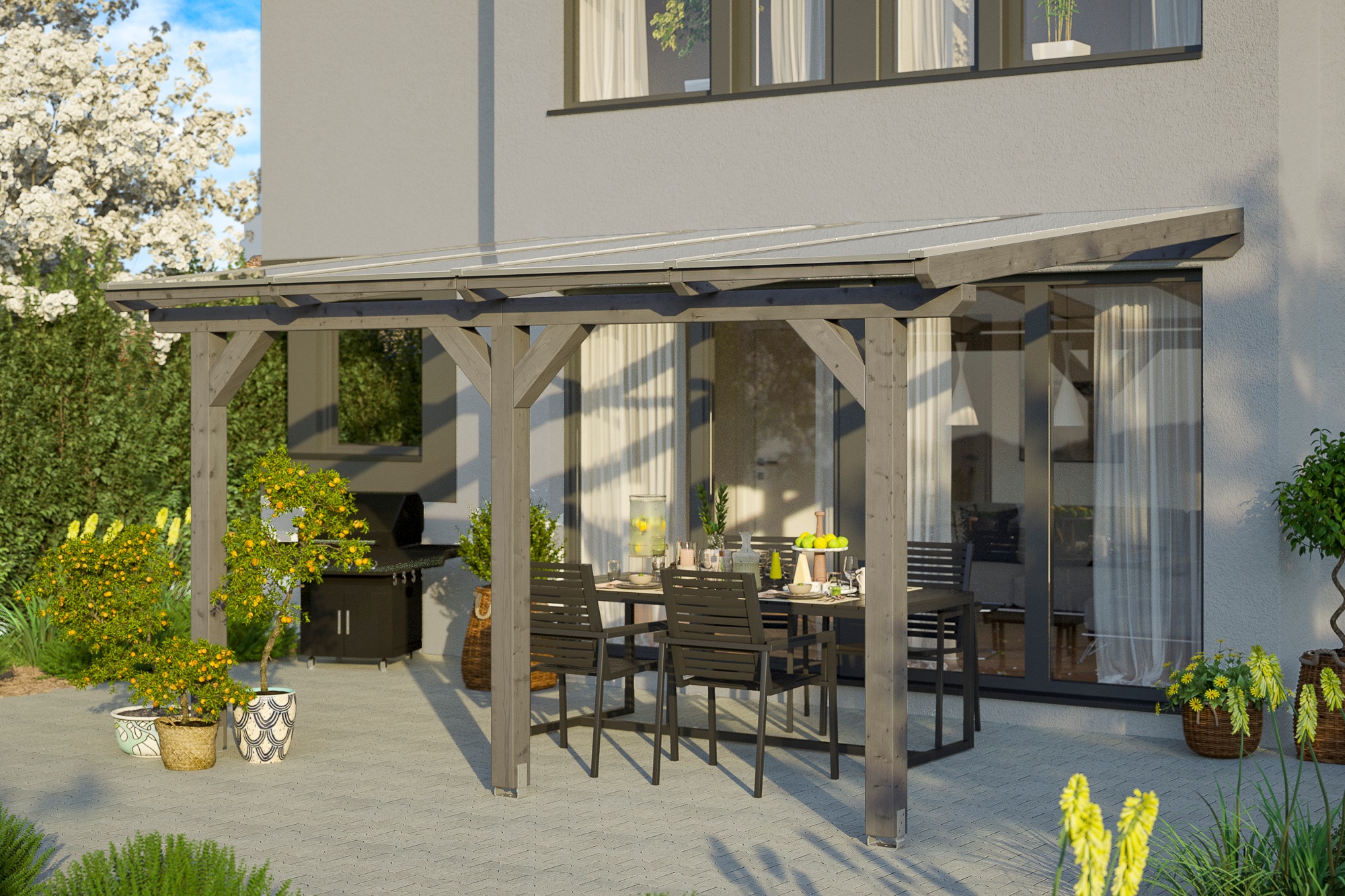Terrassendach SKANHOLZ, B:434cm T:400cm, grau, Fichtenholz, Terrassenüberdachungen, "Bormio"