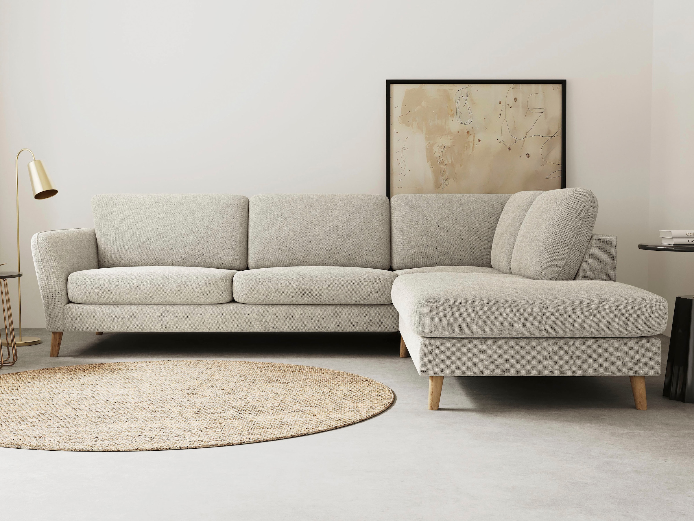 OTTO home Ecksofa "MARSEILLE 278/202 cm, L-Form, Ottom. rechts/links, verschiedene Bezüge" Massivholzbeine Eiche, Landhausstil, Wellenunterfederung