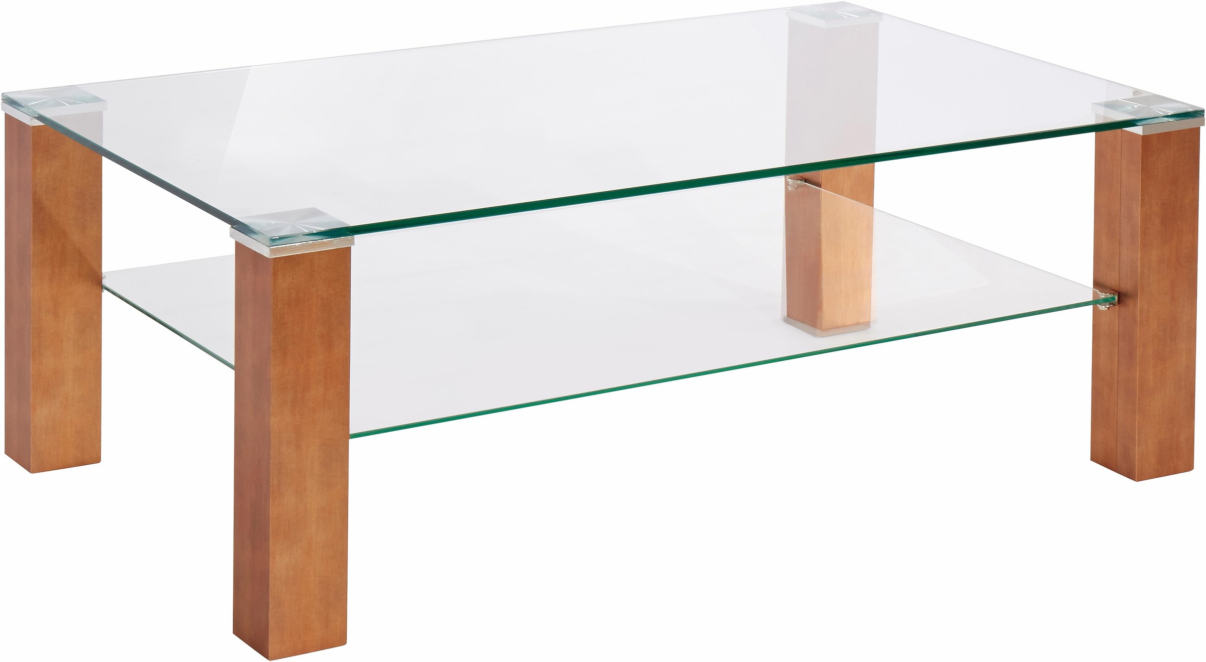 PRO Line Couchtisch, mit Glasplatte, Ablageboden aus Glas, Gestell aus Holz kupferfarbig