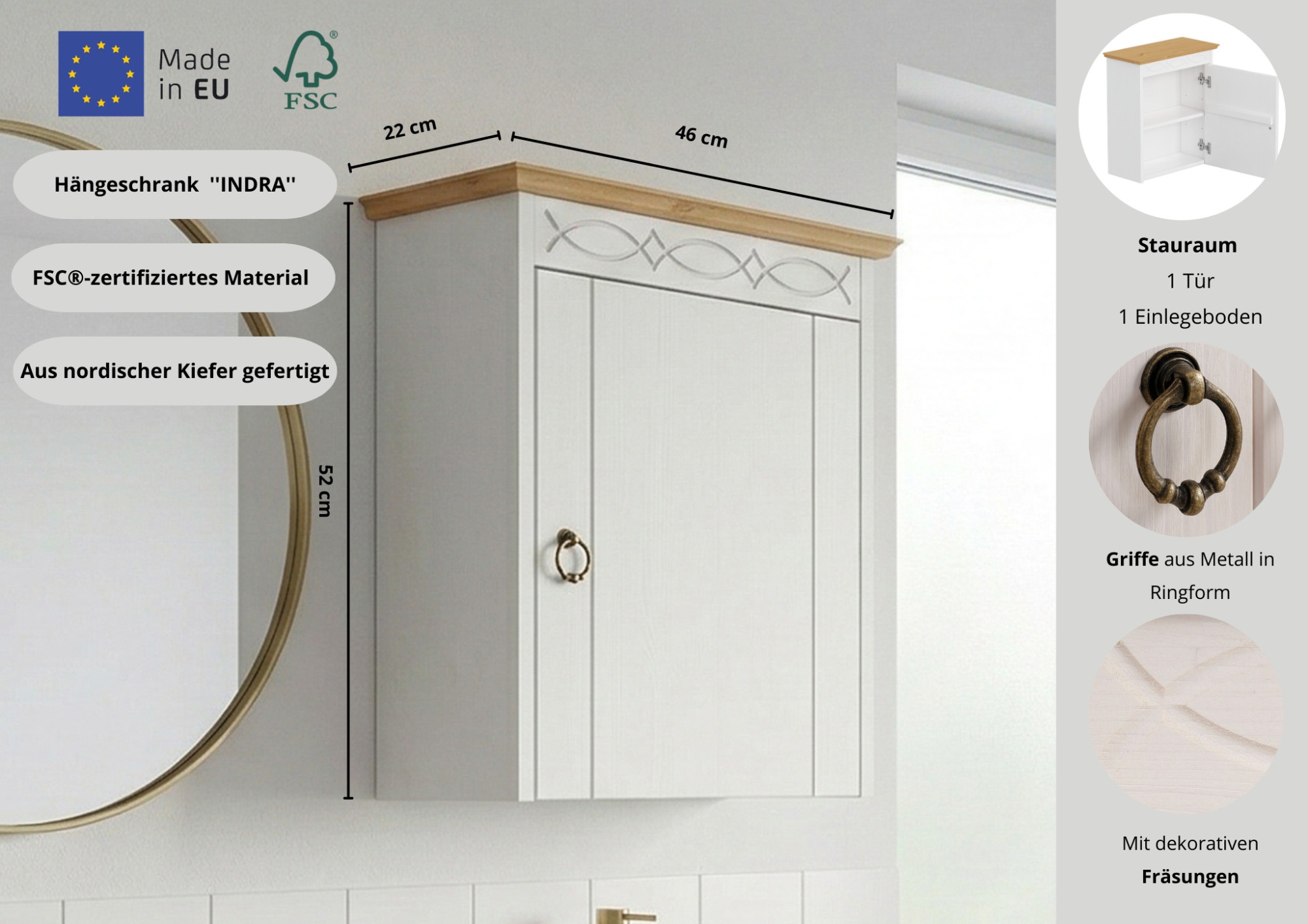 OTTO home Hängeschrank »Indra, Badschrank, Badmöbel, Badezimmerschrank« B/T/H: 46/32/52 cm,  aus massiver Kiefer, FSC®-zertifiziert