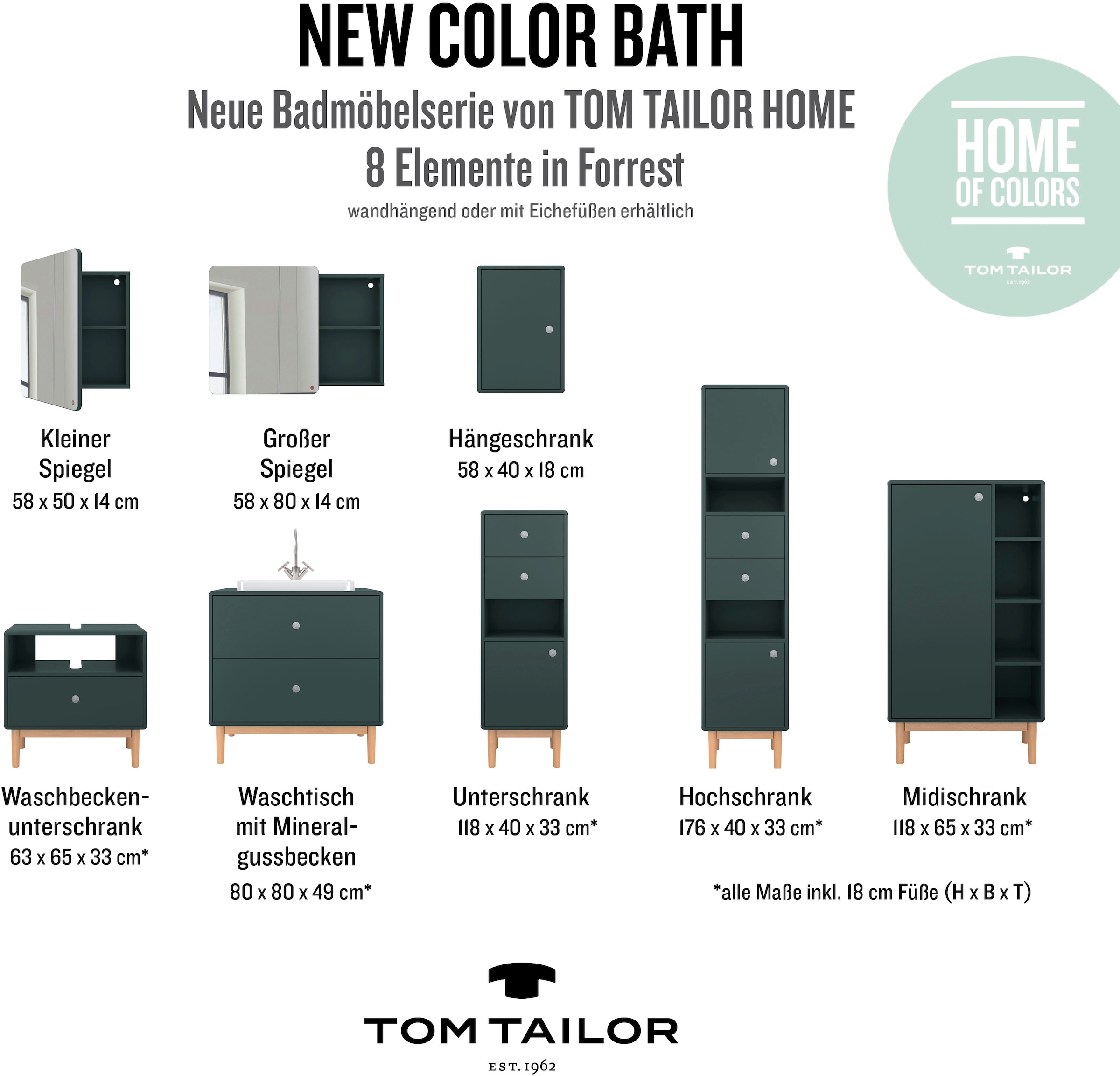 TOM TAILOR HOME Hochschrank »COLOR BATH«, mit 2 Türen & 2 Schubladen, mit Push-to-Open,Füße Eiche, Breite 40 cm