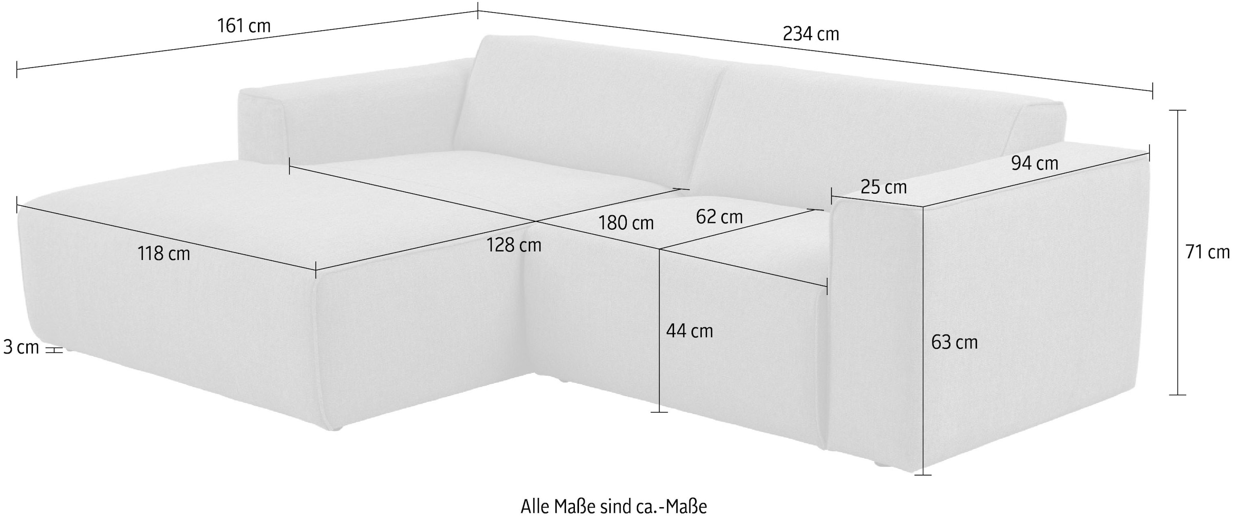 andas Ecksofa »Noord«, mit Kedernaht, Breite 234 cm, Cord, Struktur, Webstoff