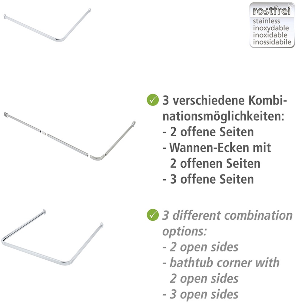 WENKO Winkelstange »Modell Era« Winkelschiene aus Aluminium für Duschvorhänge, inkl. 16 Spezialgleiter