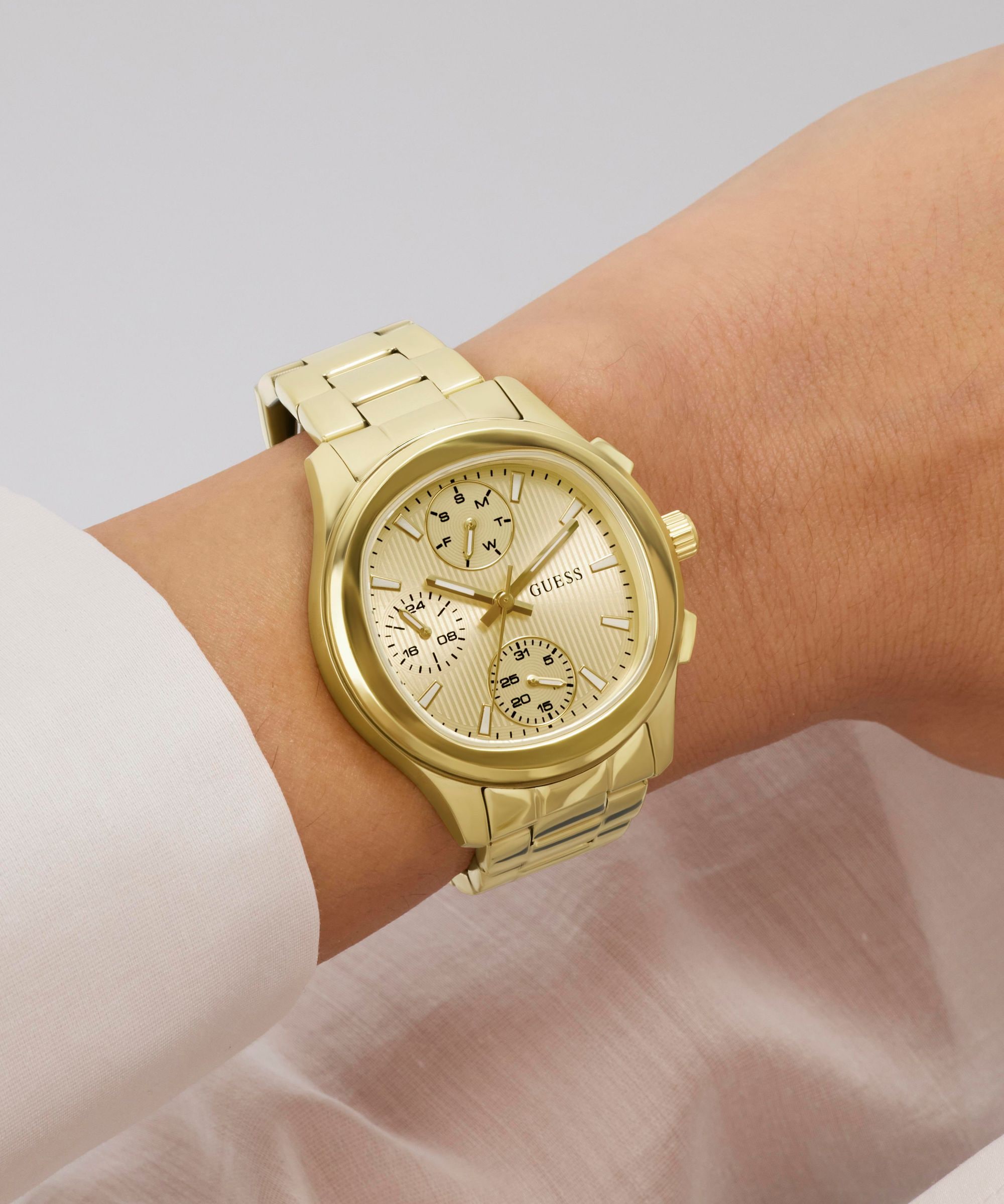 Guess Multifunktionsuhr »BIRDIE« Quarzuhr, Armbanduhr, Damenuhr, Edelstahlarmband, analog, Wochentag