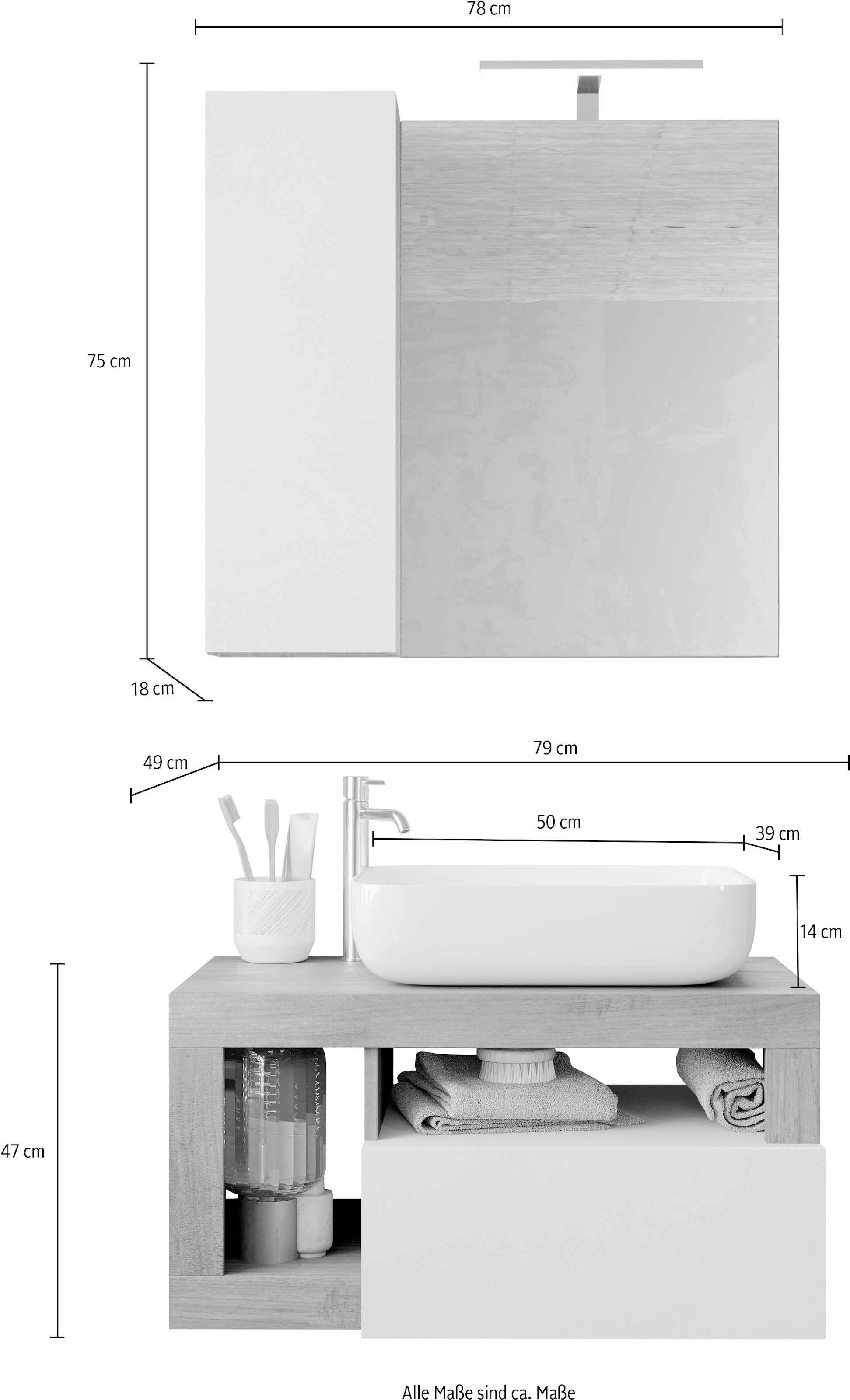 welltime Badmöbel-Set »Hamburg, Badezimmerset 2tlg. Breite 79 cm, Badmöbel, Waschtisch inkl.«, (Spar-Set, 2 St.), Waschbecken, Spiegelschrank mit LED Aufbauleuchte, Soft-Close-Funktion