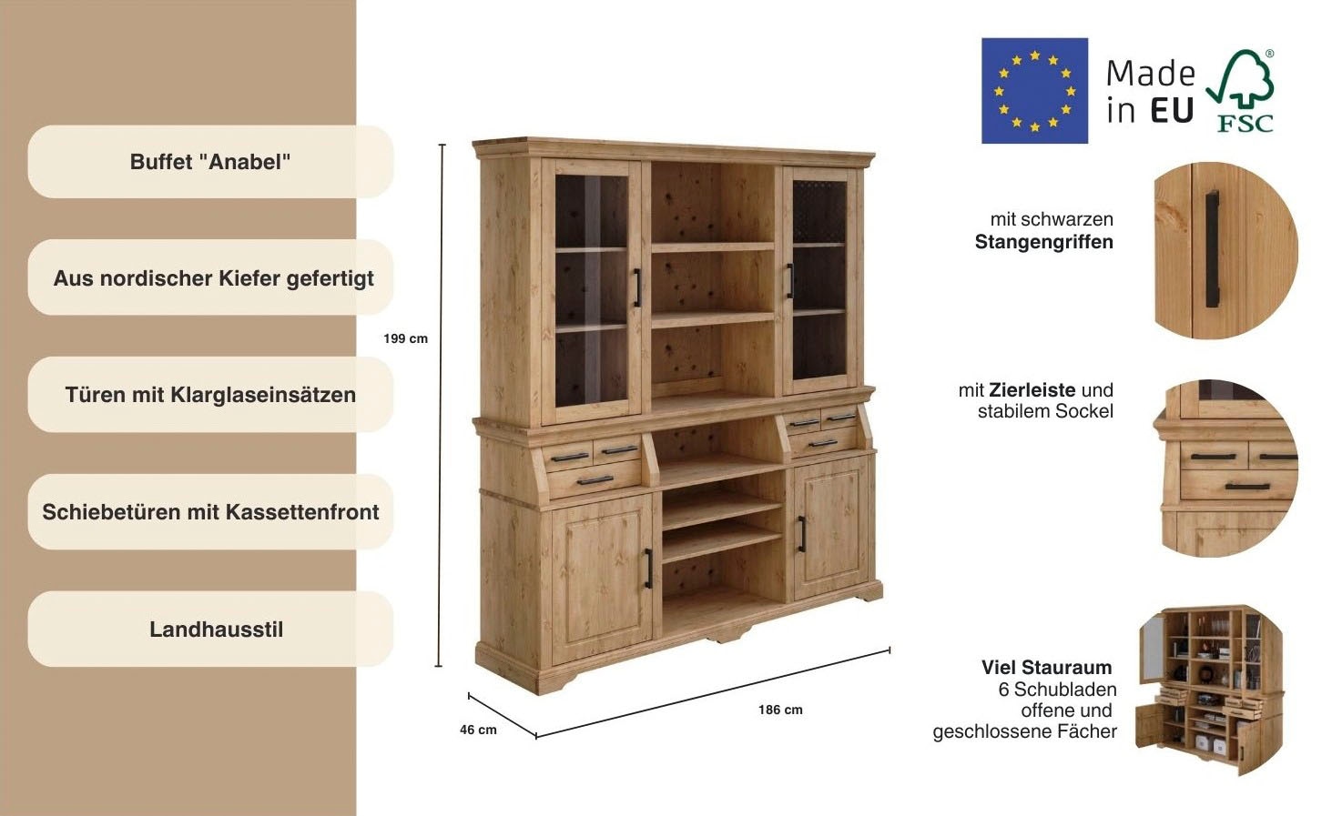 Home affaire Buffet »Anabel«, zertifiziertes Massivholz, Breite 186 cm, im Landhausstil