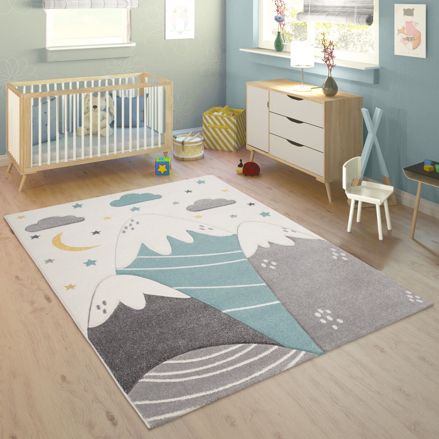 Paco Home Kinderteppich »Cosmo 707«, rechteckig, 3D-Design, niedliches Motiv Berge & Sterne, Pastell-Farben