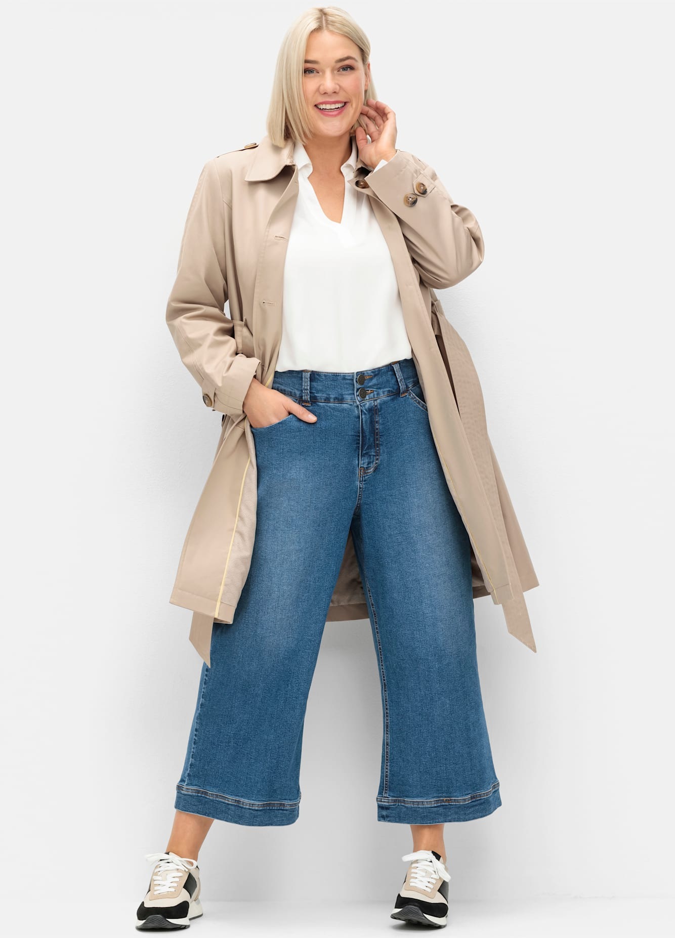 7/8-Jeans SHEEGO, Damen, Gr. 46, Normalgrößen, blau (blau denim), 99% Baumwolle, 1% Elasthan, unifarben, 7/8-Länge, Jeans