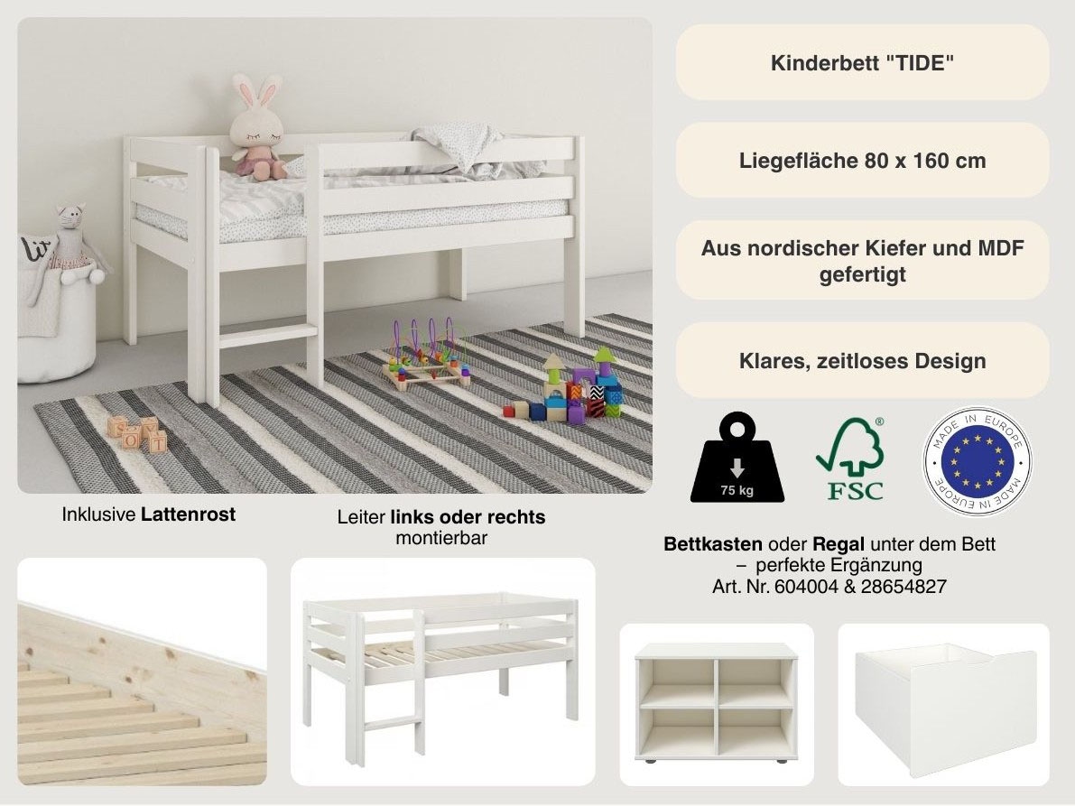 OTTO home Kinderbett »"Tide", Halbhochbett, zertifiziertes Massivholz« aus massiver Kiefer, FSC®-zertifiziert