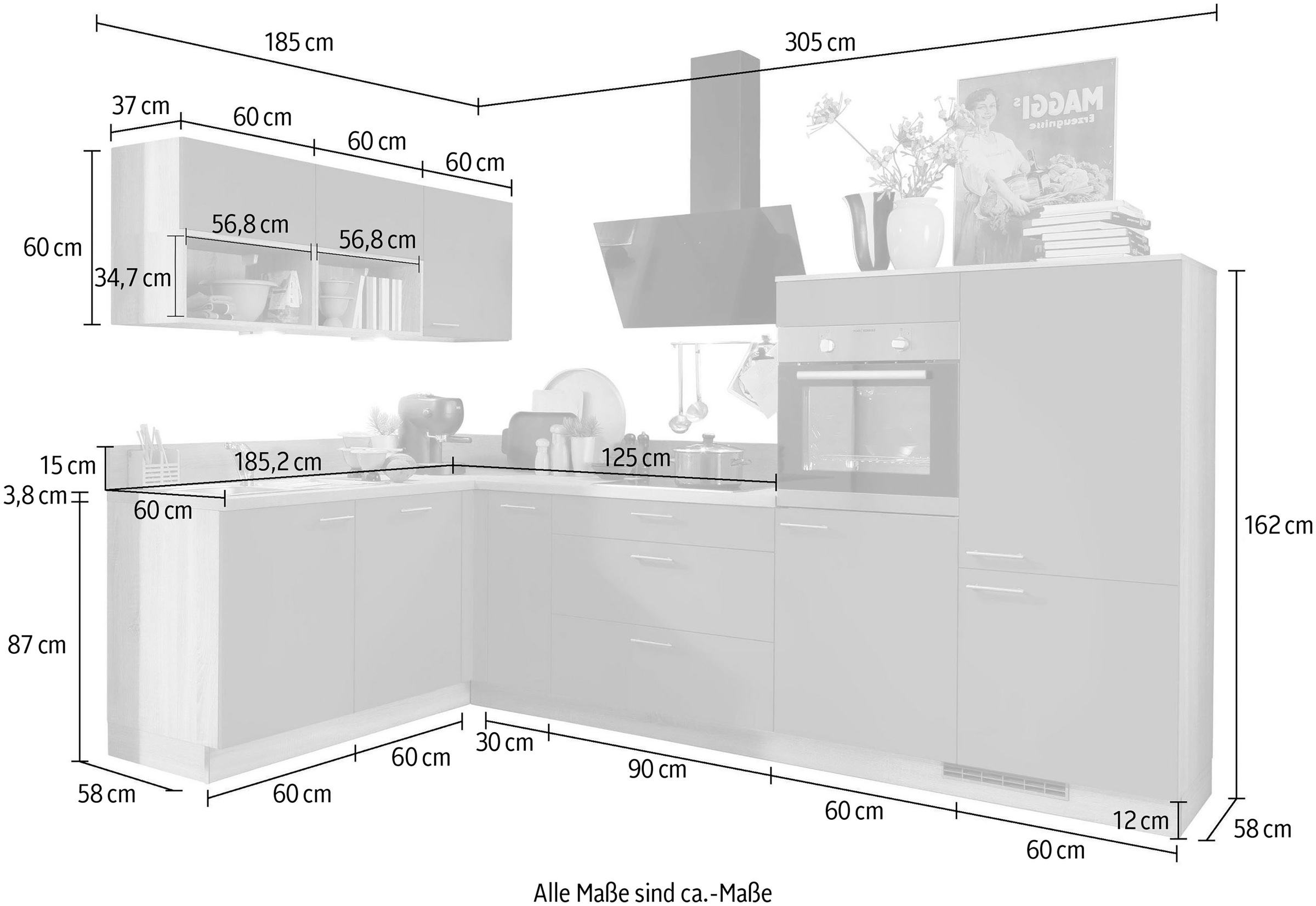 KOCHSTATION Küchenzeile »KS-Scafa, vormontiert, mit höhenverstellbaren Füßen«, vormontiert, wahlweise mit E-Geräten, Stellbreite 305 x 185 cm