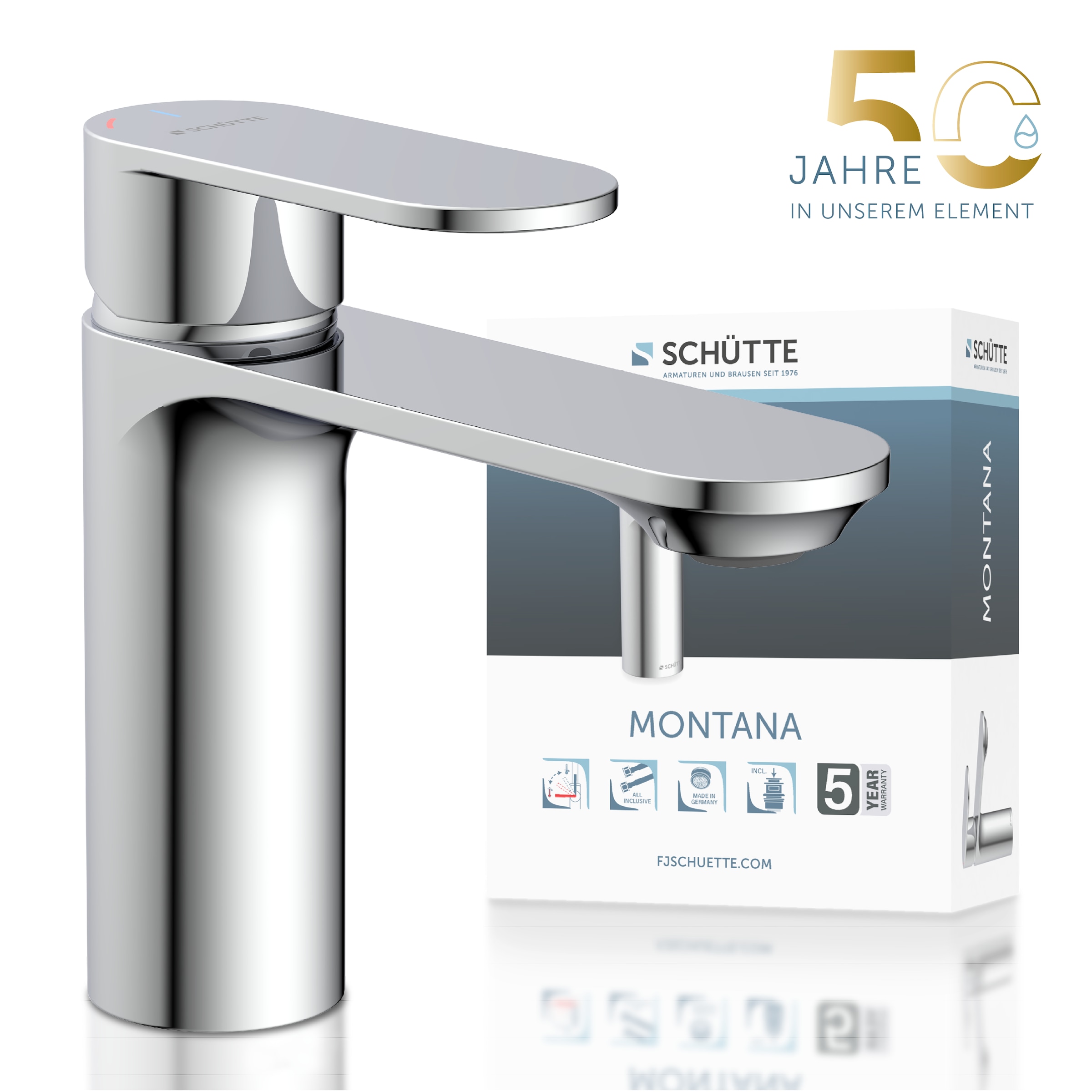 Schütte Waschtischarmatur "MONTANA" Wasserhahn Ablaufgarnitur Exzenter Energiesparende Cold-Start-Funktion