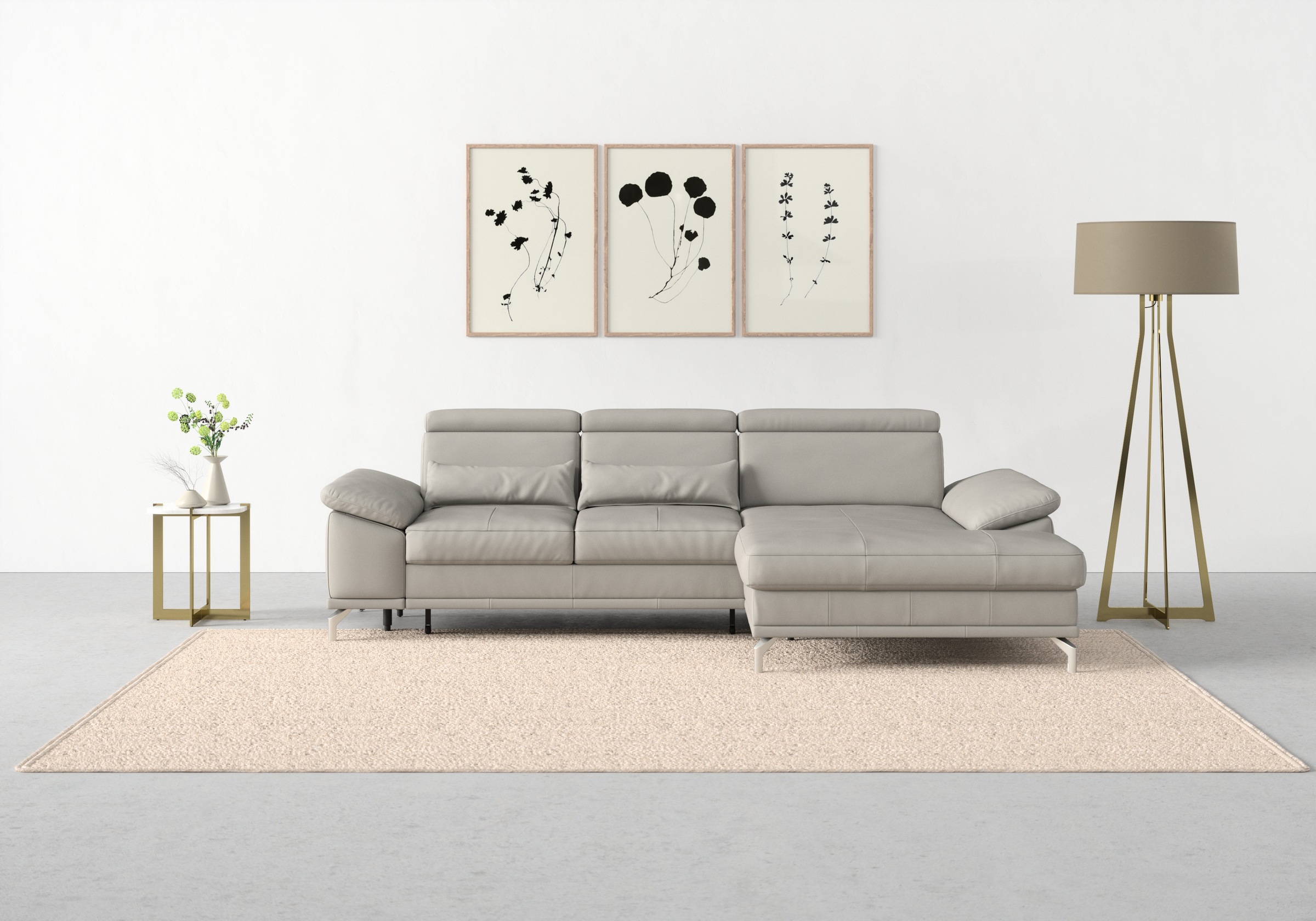 Ecksofa SIT & MORE "Cabrio L-Form, B: 295 cm, mit Sitztiefen-, Arm- & Kopfteilverstellung", grau (hellgrau), B:295cm H:87cm T:180cm, Sofas, Ecksofa, 2 Nierenkissen, Federkern, optional Bettfunktion und Stauraum 2