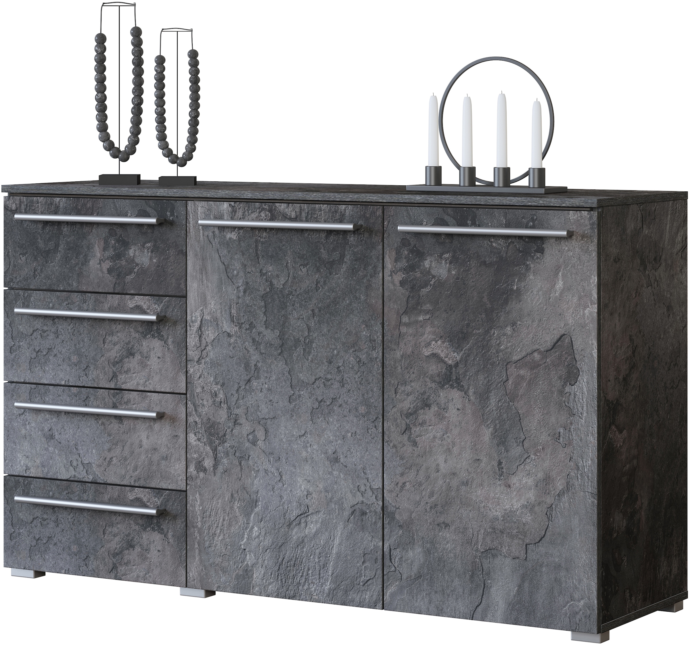 INOSIGN Sideboard »India, aus FSC-zertifiziertem Holzwerkstoff, Made in Europe«, (135x81x41 (BxHxT), Schieferoptik oder weiß mit Hochglanzfronten), Schubladenschrank inklusive Beleuchtung mit Fernbedienung