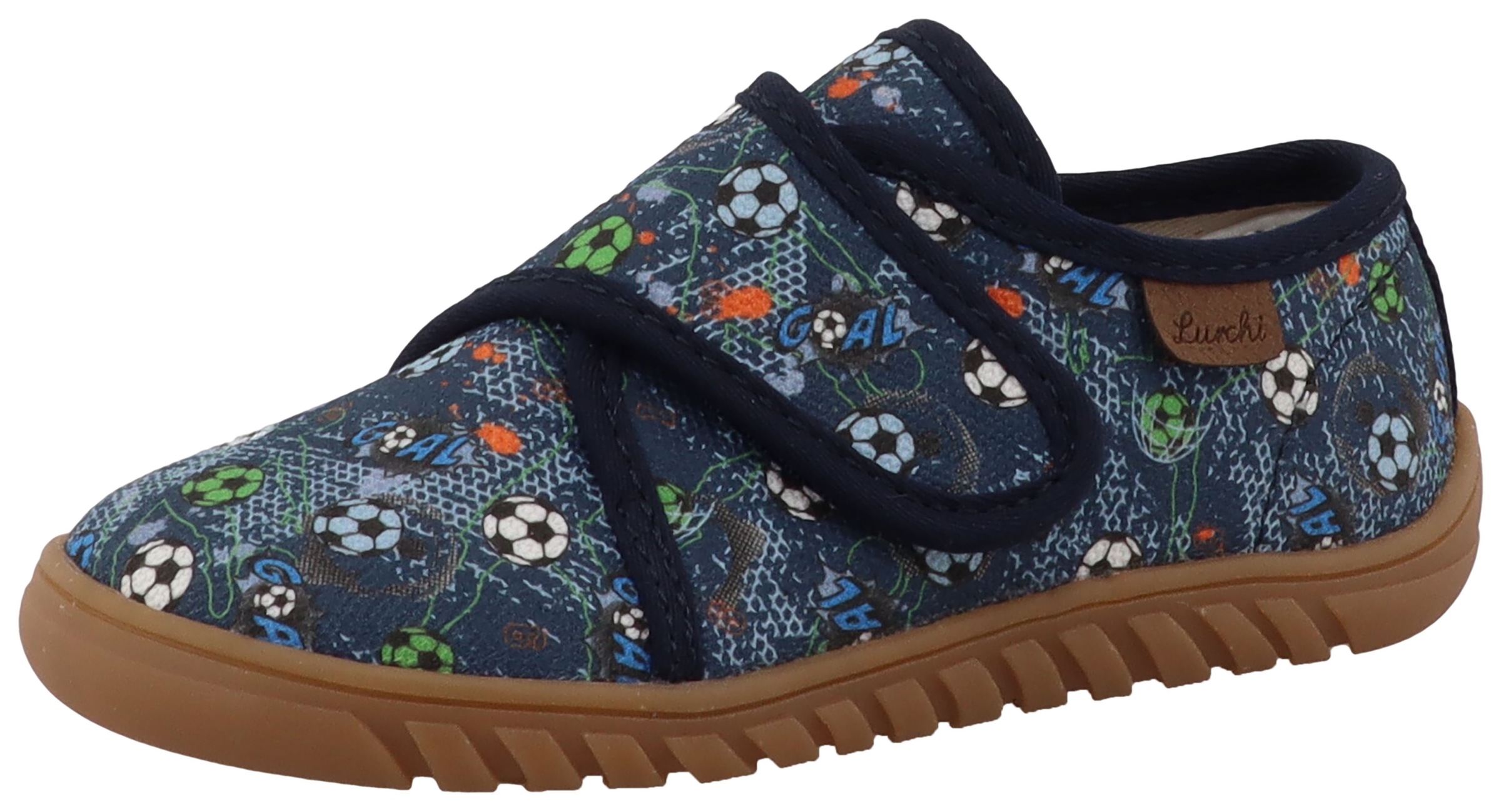 Lurchi Barfußschuh "Bibu 1 Barefoot" Hauschuh, mit buntem Fußball-Motiv, Größenschablone zum Download