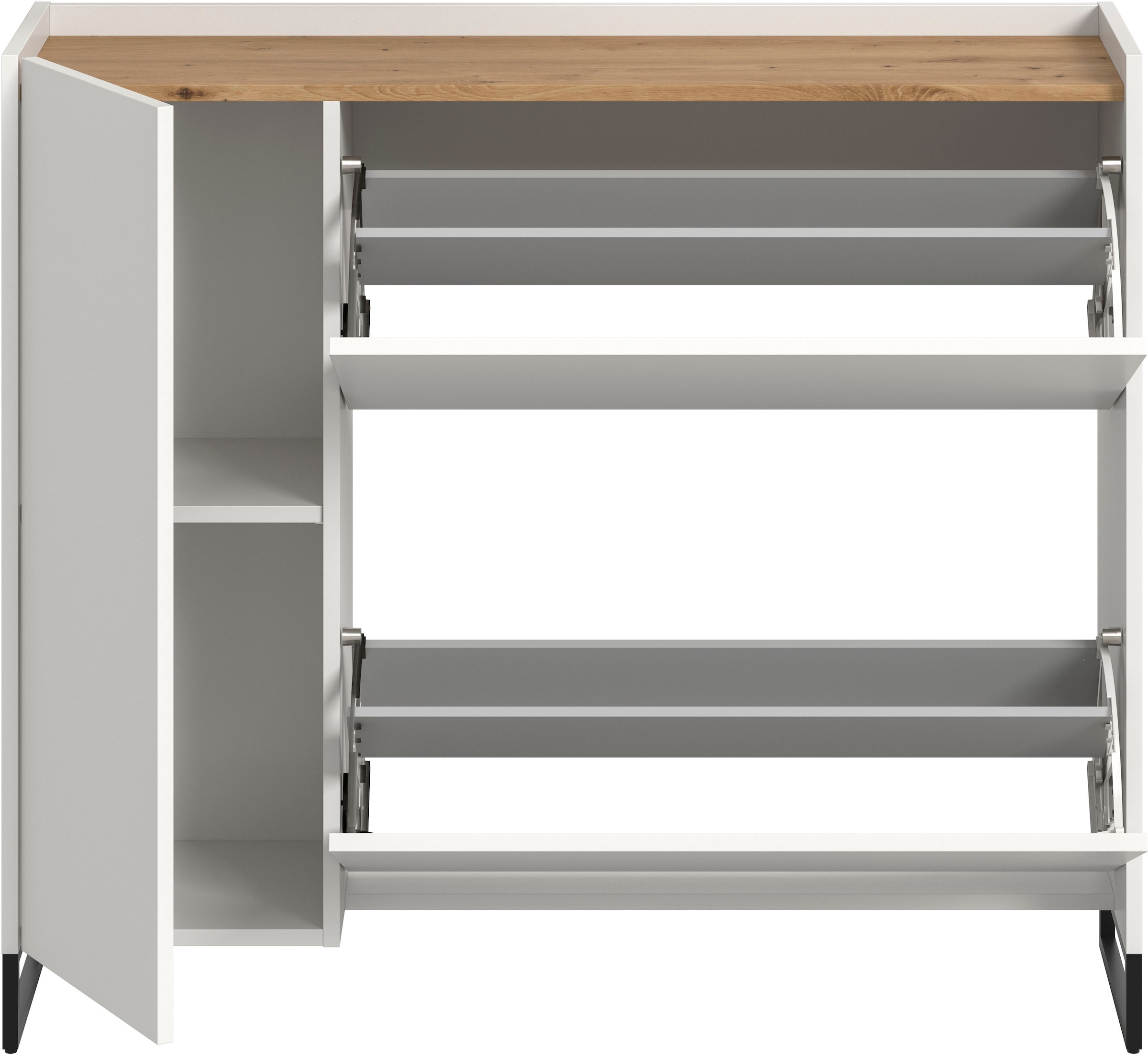 INOSIGN Schuhschrank »EVRID, Breite 110cm, 1 Tür, 2 Schuhwalzen, inkl. Metall-Kufenfüße«, (1 St., individuell mit anderen Artikel der Serie EVRID erweiterbar), Schuhkommode, Kommode, Sideboard, Garderobenschrank, Flurkommode