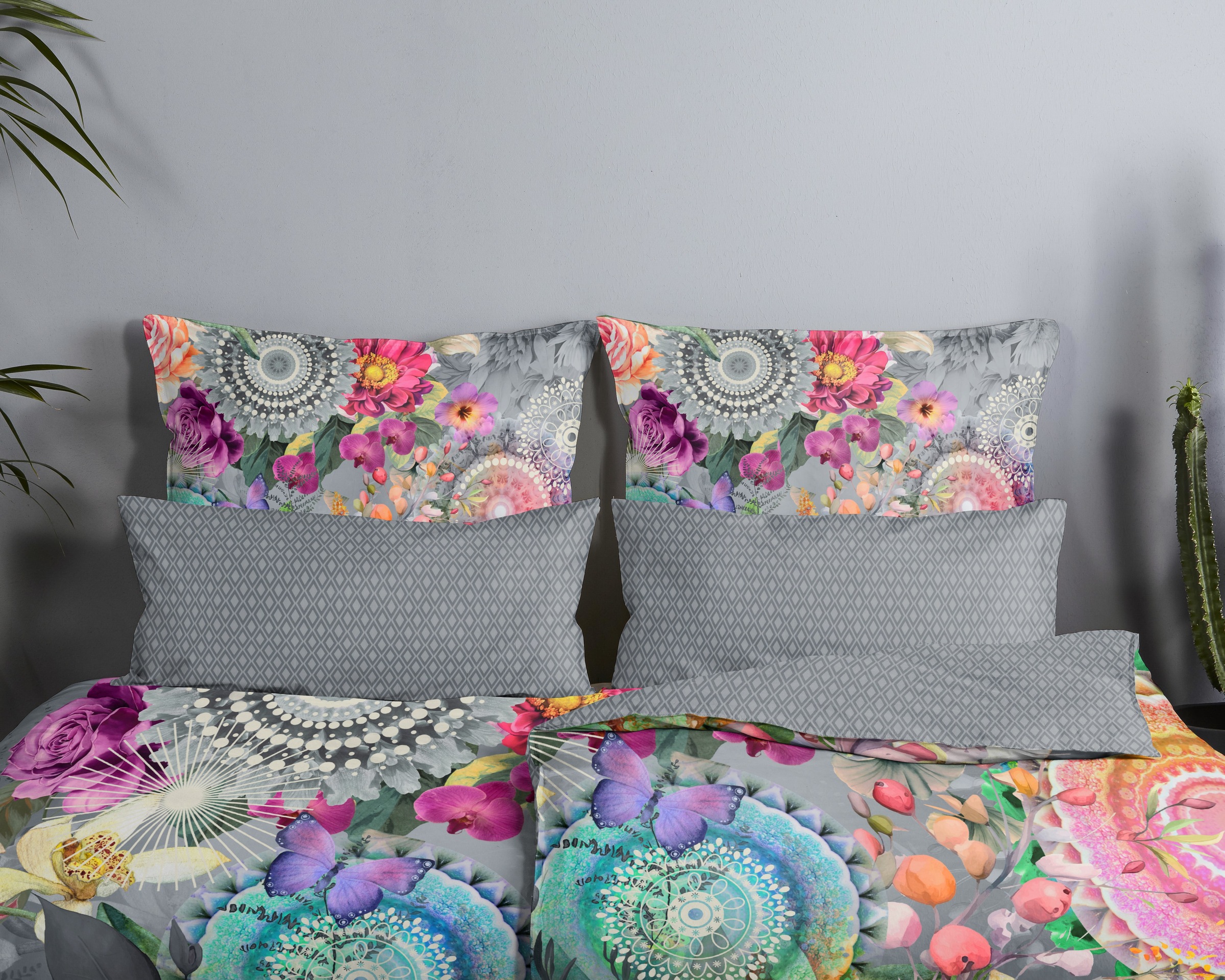 Thumbnail - hip Wendebettwäsche "Olinga" 2 Stk. tlg. Satin, Reißverschluss, Wendeoptik, Mandala, Blume, Grau, Bunt