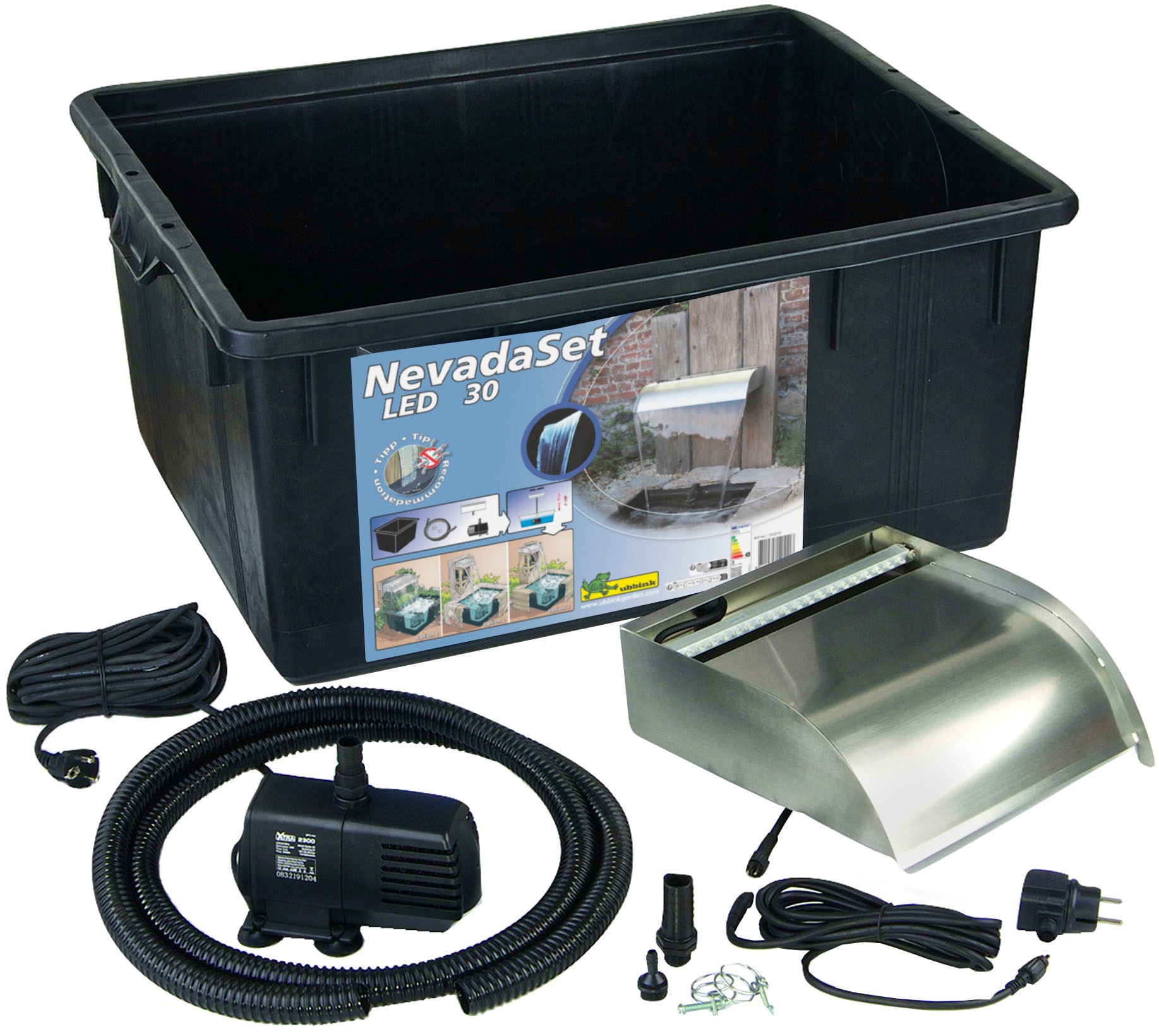 Ubbink Wasserfall "Nevada Set 30 cm / mit LED-Beleuchtung / inkl. Wasserbecken", Komplettset mit Pumpe und Anschlussmate