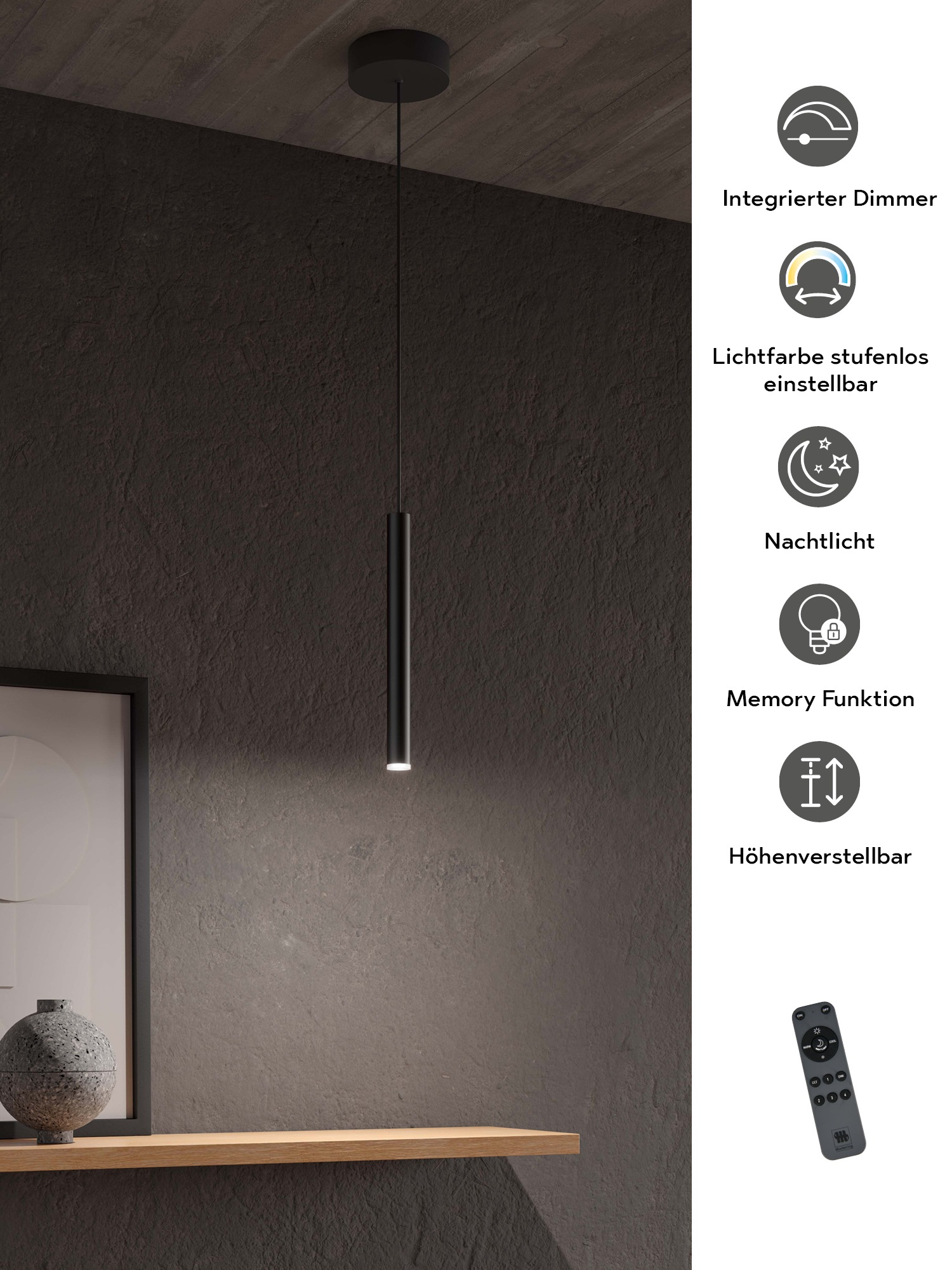 Musterring LED Pendelleuchte »CALINA, 1-flammige LED Hängelampe 3W 330 Lumen 2300-4000K CCT« LED-Board 1 Stk. warmweiß - kaltweiß mit Fernbedienung, Höhe einstellbar bis 150cm, dimmbar, Memory