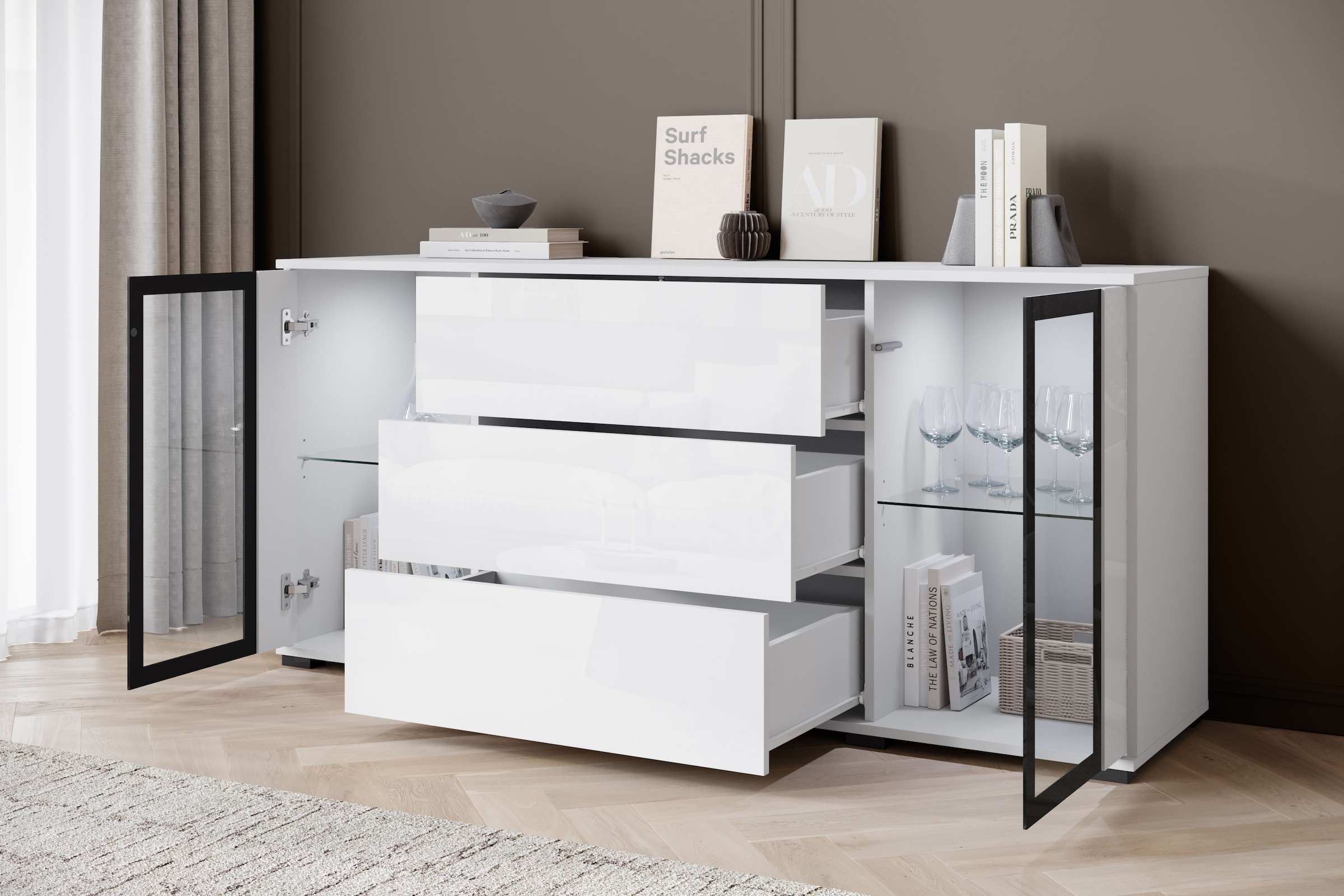 INOSIGN Sideboard »modernes Design mit Glaseinsätzen und 3 Schubladen, Breite 150 cm«, (1 St.), Grifflose Fronten mit Push-to-Open, höhenverstellbare Einlegeböden