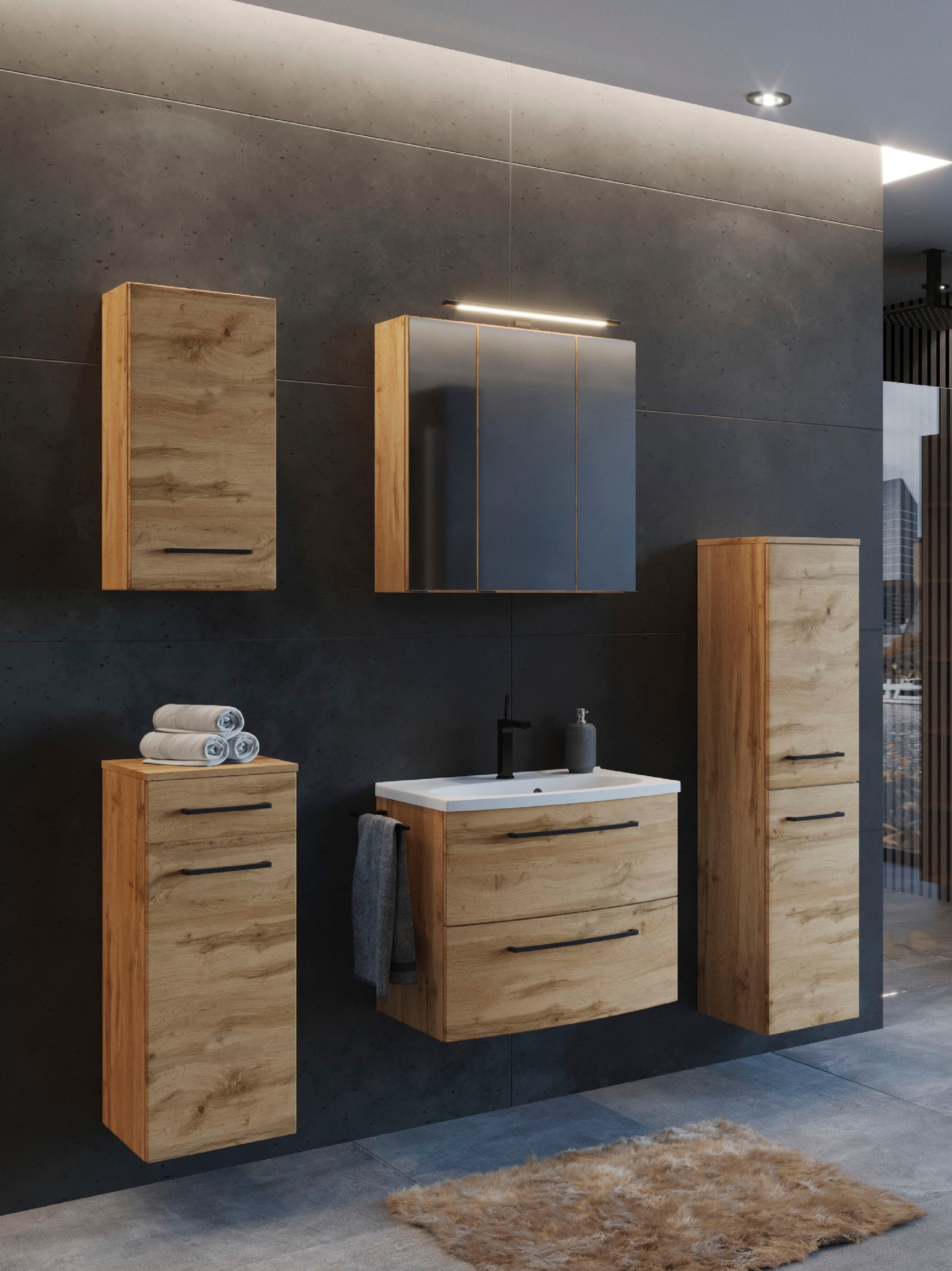 welltime Badmöbel-Set »Chicago«, (5 St., Spiegelschrank, Waschtisch, Hängeschrank, Unterschrank, Midischrank)