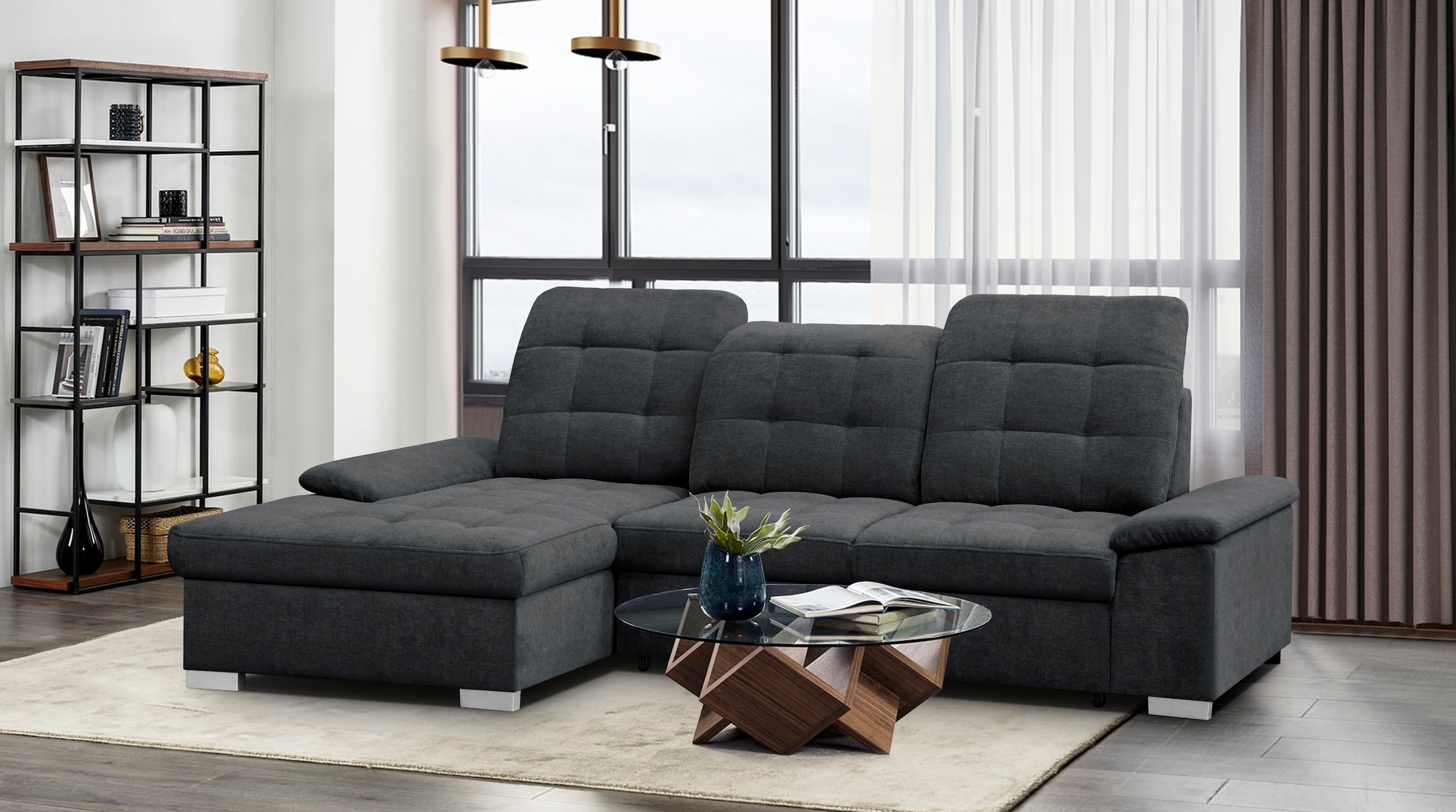 WERK2 Ecksofa "Carmen 264 cm breit L-Form Sofa Schlaffunktion Kopfstützen verstellbar" Schlafcouch mit Bettkasten, Eckcouch wahlw. mit Sitztiefenverstellung