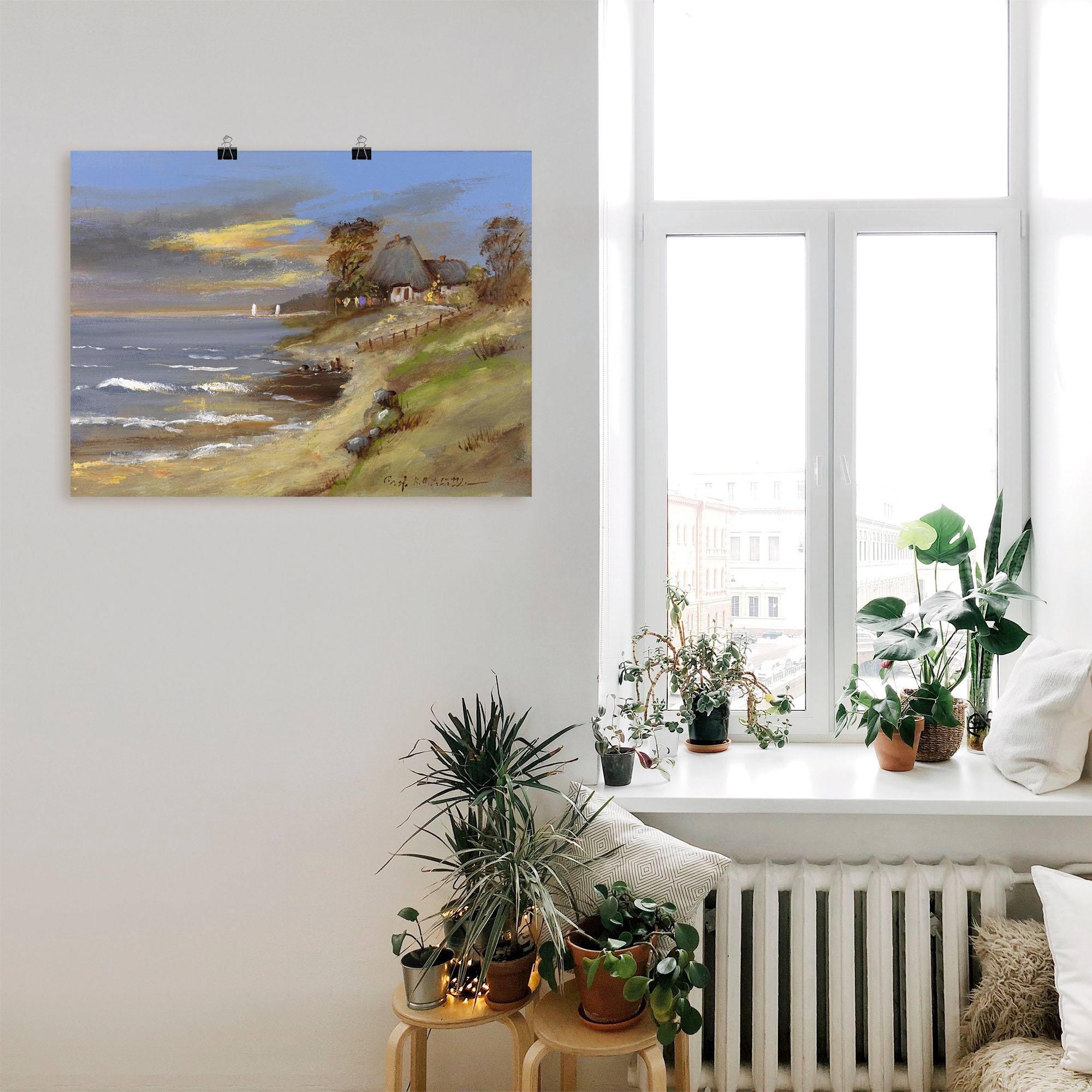 Artland Poster »Weiß strohgedecktes Haus am Meer«, Gewässer, (1 St.), als Leinwandbild, Wandaufkleber oder Poster in versch. Größen