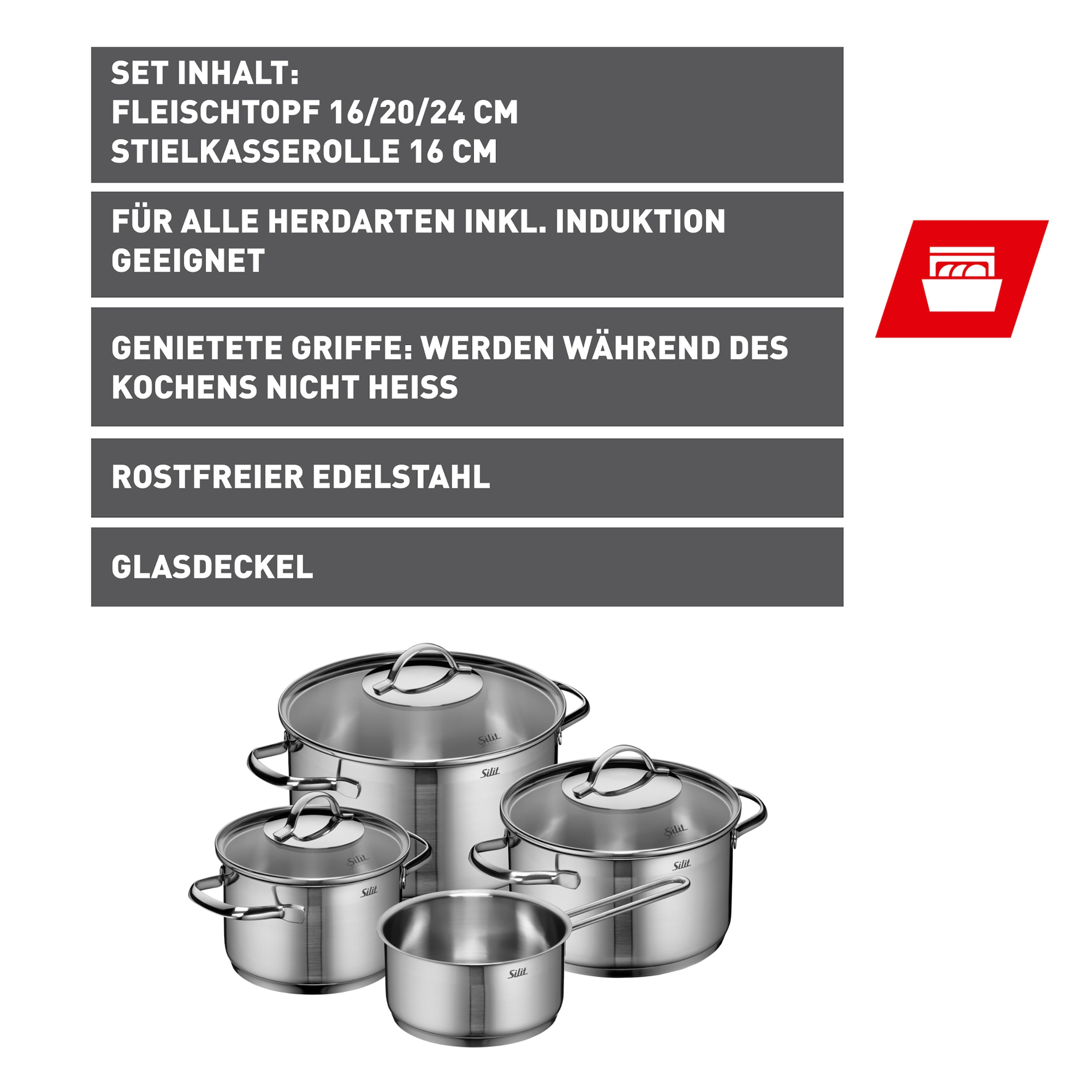 Silit Topf-Set »Achat«, Edelstahl 18/10, (Set, 7 tlg.), rostfrei, Silitherm-Allherdboden, induktionsgeeignet