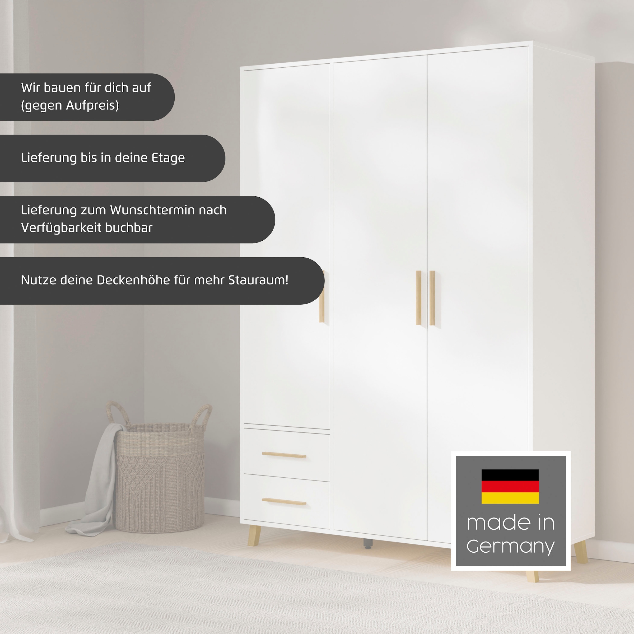 rauch Drehtürenschrank »Kleiderschrank Schrank Garderobe Wäscheschrank SHINJO«, (in 3 verschiedenen Ausstattungen BASIC/CLASSIC/PREMIUM), Griffe und Füße aus Massivholz, viel Stauraum MADE IN GERMANY