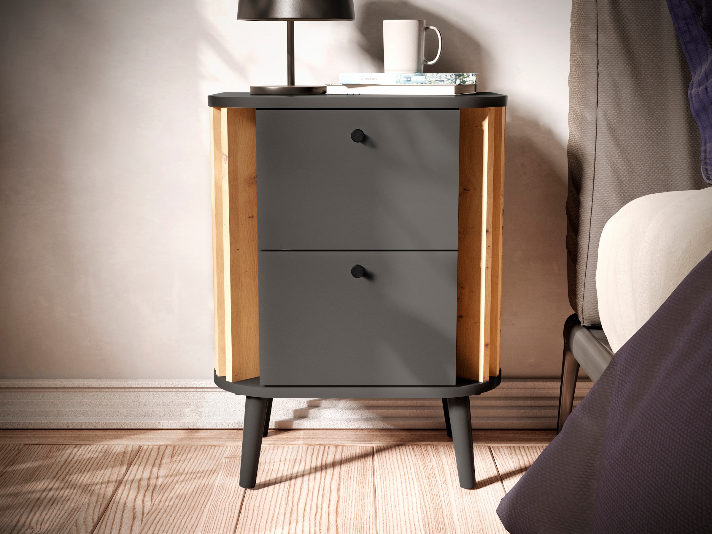 INOSIGN Nachtkommode »Stavanger, Höhe 60 cm, Paneel-Stäbchen-Optik, 2 Schubkästen«, (1 St.), Nachtkonsole, Nachttisch, Nako, Kommode