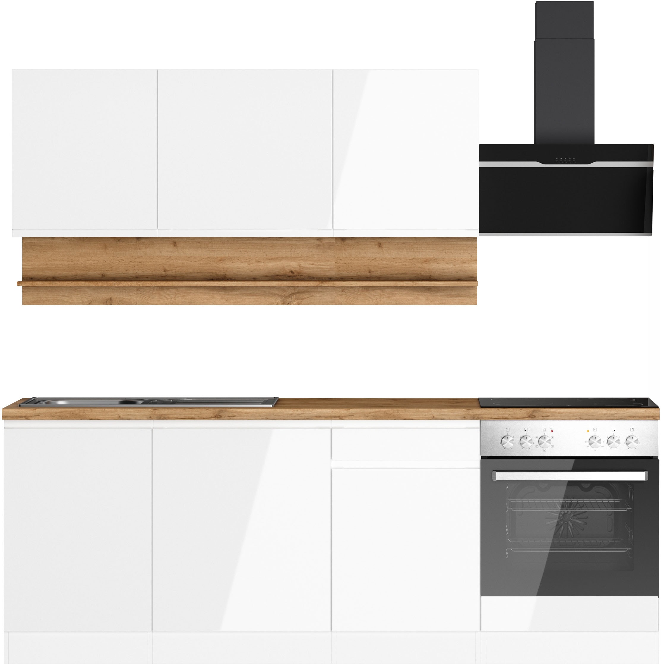 KOCHSTATION Küchenzeile »KS-Virginia,neu in verbesserter Ausführung« Arbeitsplatte 38 mm stark, Stauraum, Softclose,  Breite 220 cm, Soft-Close, wahlweise mit E-Geräten