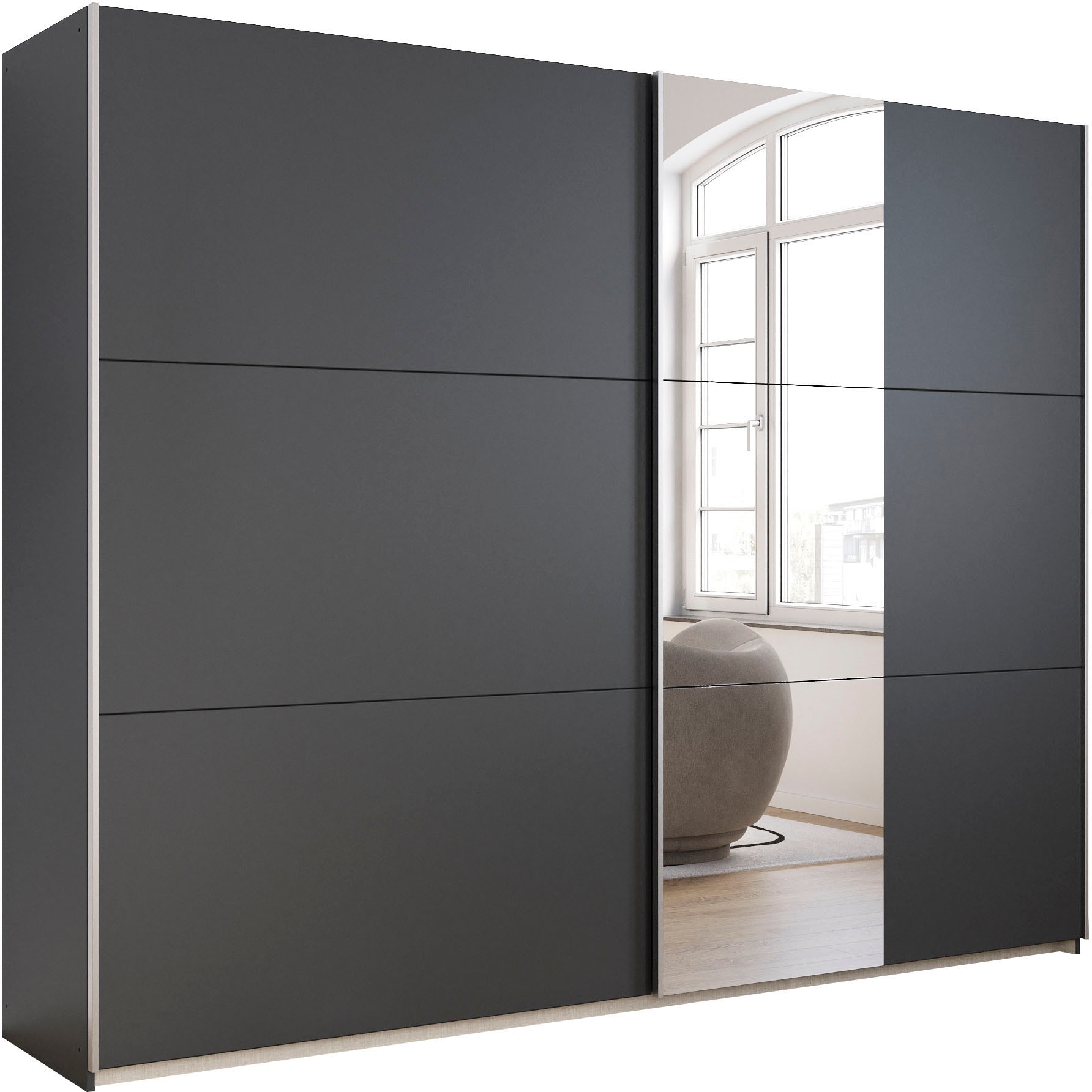 rauch Schwebetürenschrank "Kleiderschrank Drehtürenschrank Schrank Garderobe KRONACH" in 3 Ausstattungen BASIC/CLASSIC/PREMIUM, Breiten 131/175/218/261 cm, optional ohne, mit 1 oder 2 Spiegel, viel Stauraum MADE IN GERMANY