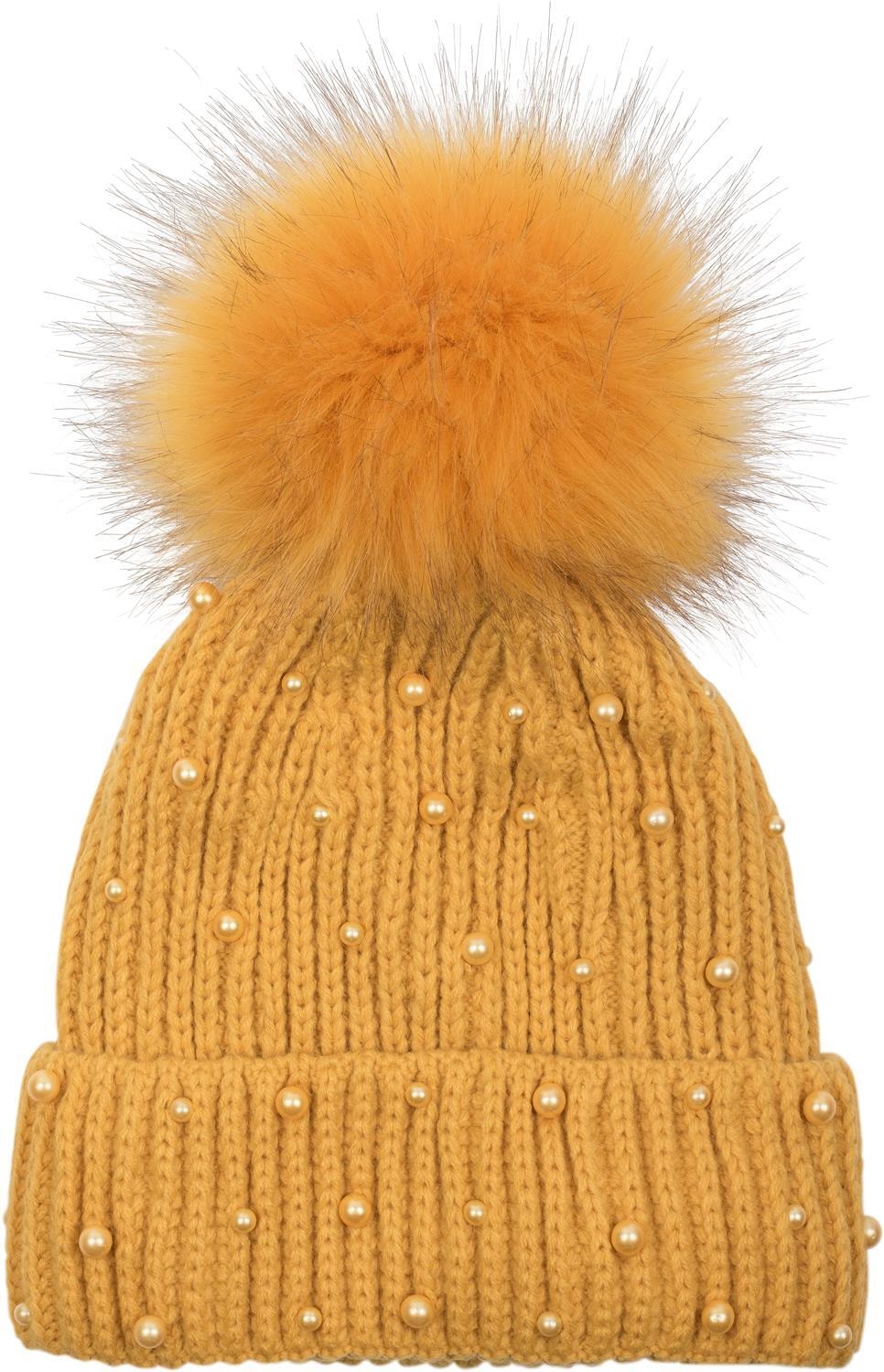 styleBREAKER Bommelmütze "Strick Bommelmütze mit Perlen und Fleece Futter" 1 Stk.