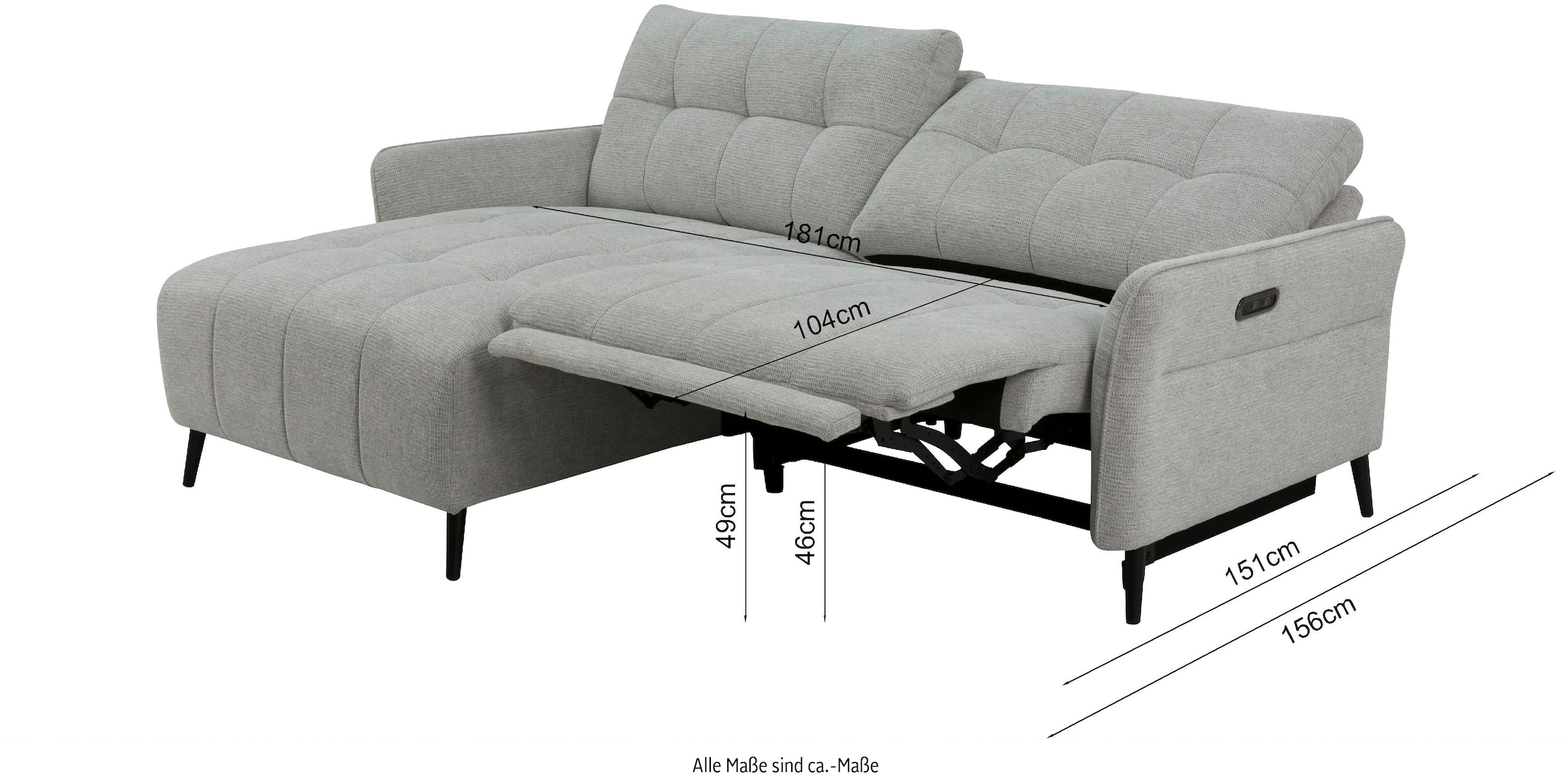INOSIGN Ecksofa »DENIO 3-Sitzer, L-Form (Breite 209cm), elektr. Relaxfunktion, USB-A/C«, Liegefunktion durch Recliner, Federkernpolsterung