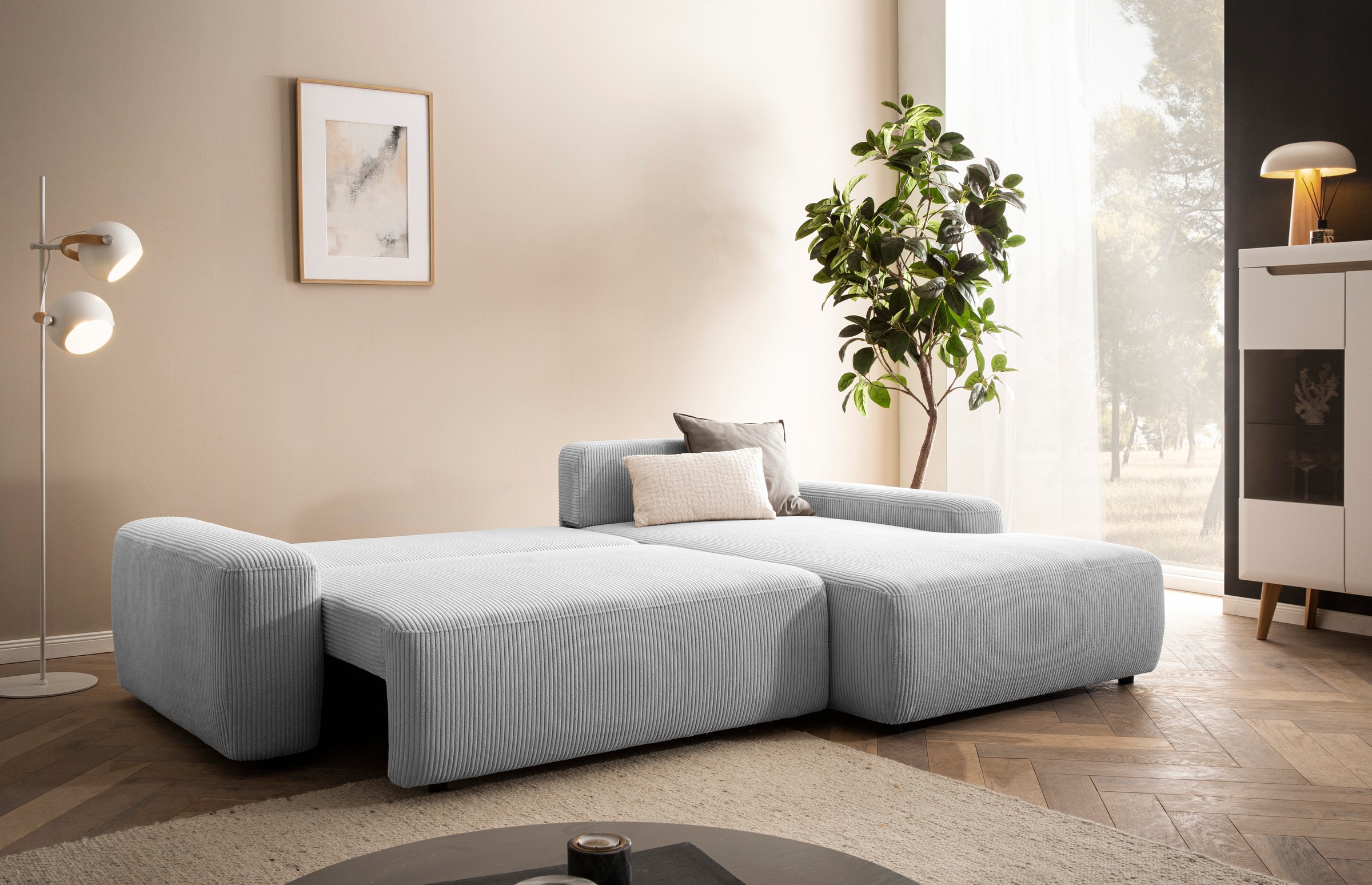 INOSIGN Ecksofa »TORGE (264cm), Schlafsofa in Cord, Samtvelours o Struktur fein, L-Form«, Schlaffunktion, Bettkasten, Liegefläche: 125/210 cm