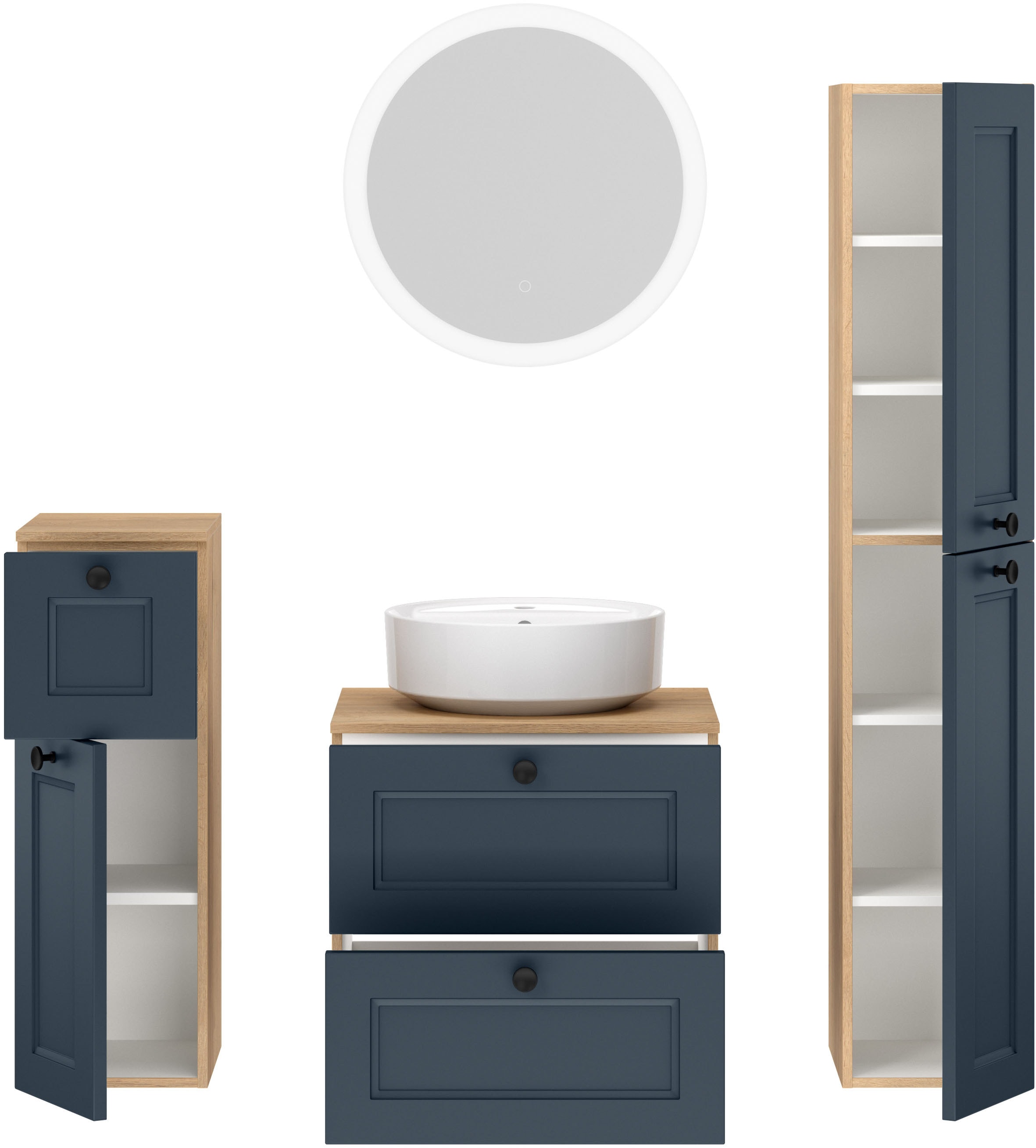 nobilia® Badmöbel-Set »Cascada« Set, inkl.  Aufsatzwaschbecken und beleuchtetem  Spiegel mit Touch-Sensor, 4 Stk. tlg.