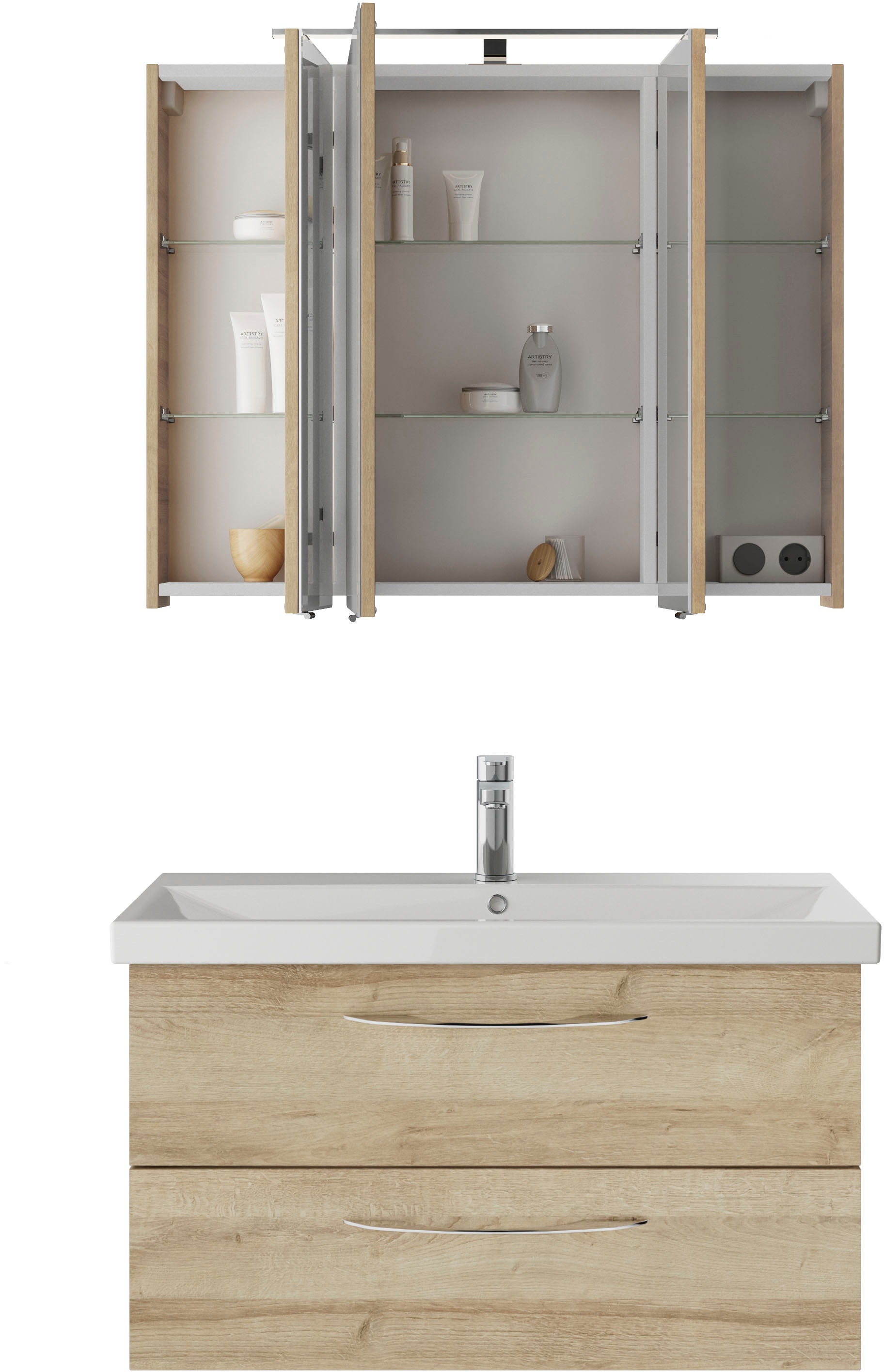 Saphir Badmöbel-Set »Serie 4035 2-teilig, Keramikwaschtisch mit LED-Spiegelschrank«, (Set), 90 cm breit, inkl. Türdämpfer, 2 Schubladen, 3 Türen, 6 Einlegeböden