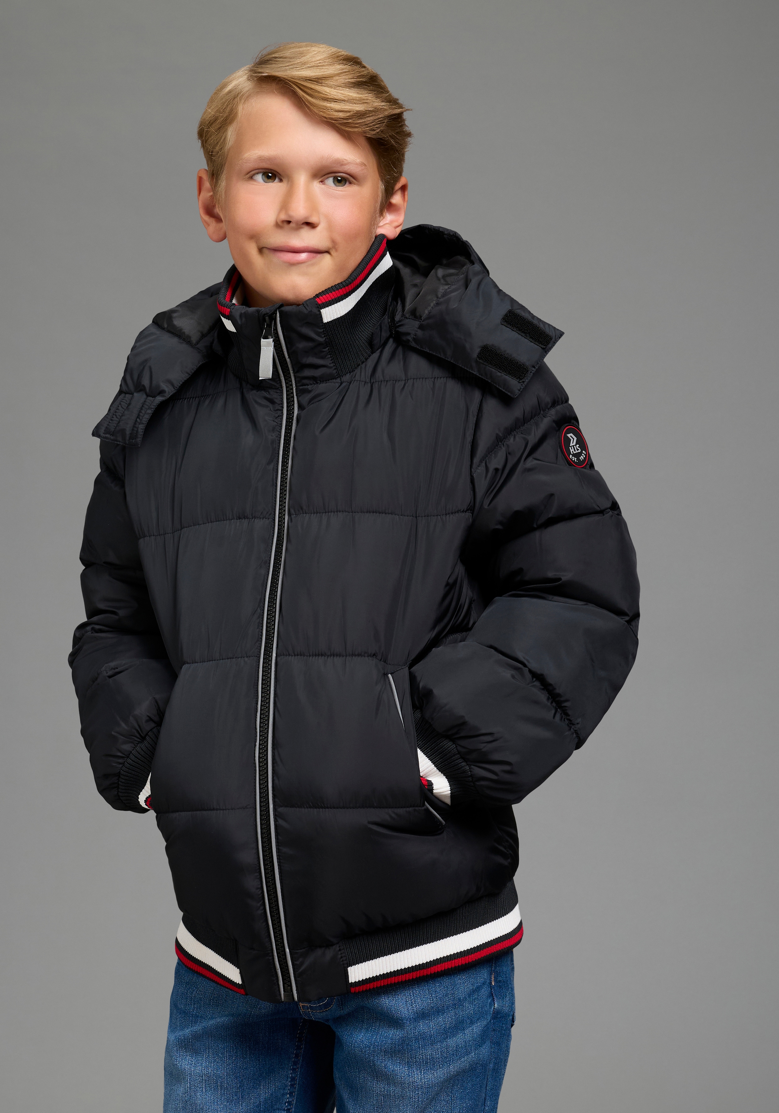 H.I.S Outdoorjacke "H.I.S Winterjacke mit Ringelbündchen" mit Kapuze Warme Jacke mit Ringelbündchen und Fleecefutter, abnehmbarer Kapuze