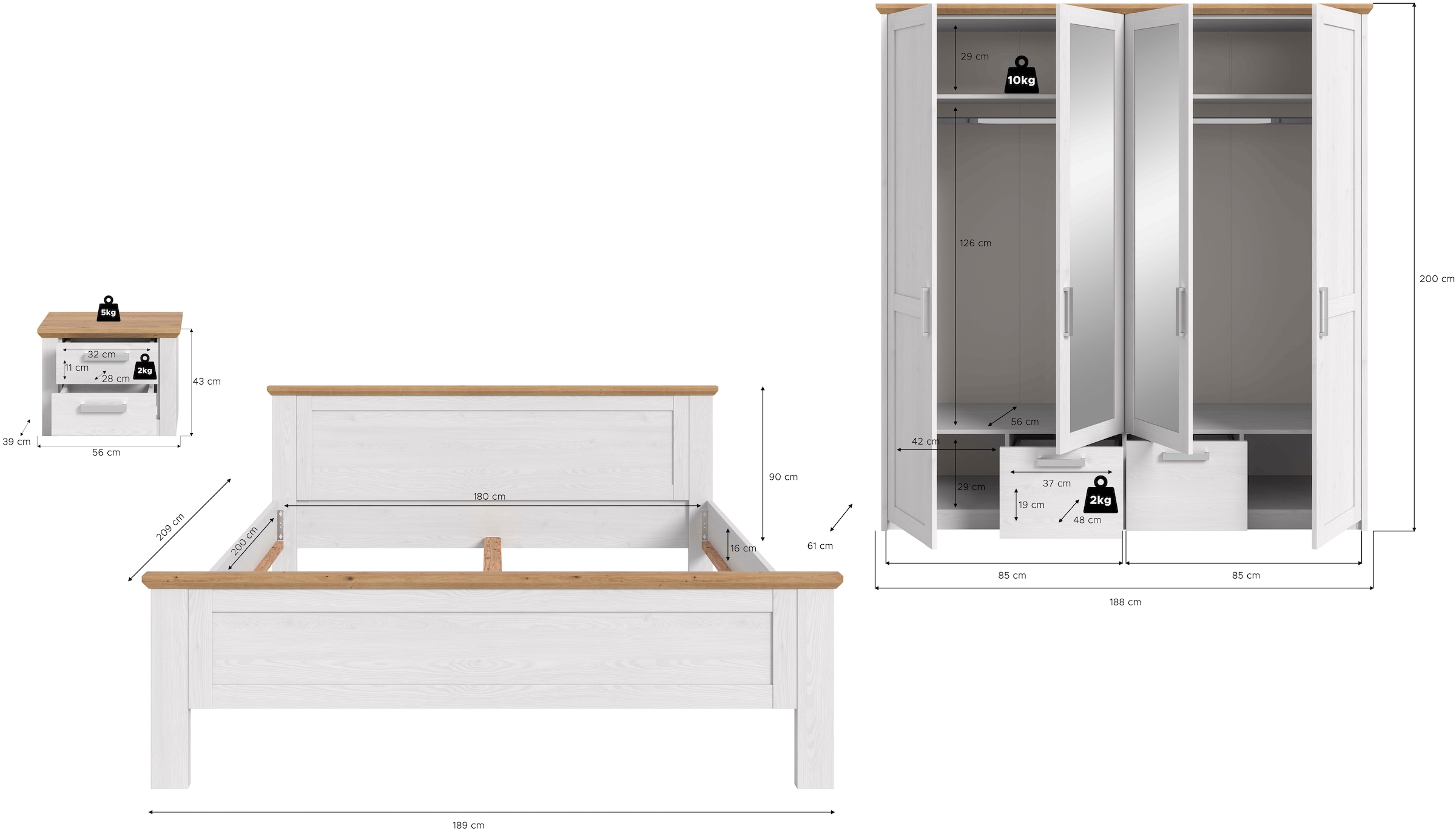 Home affaire Schlafzimmer-Set »COSENZA, TOPSELLER!, 3-tlg., Kleiderschrank, Bettgestell & Nachttisch« Matratzengröße 180x200 cm, viel Stauraum, ohne Lattenrost & Matratze, 3 tlg. tlg.