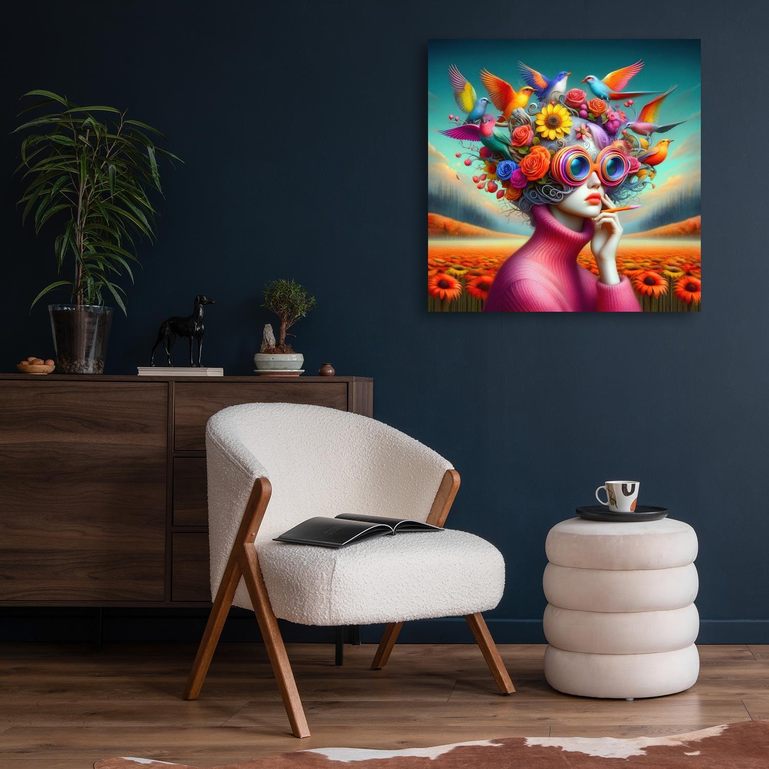 queence Acrylglasbild »In einer lebendigen Welt«, Vögel-Fantasy-Frau-Tiere-Blumen-Blumenbilder-Vogelbilder, (1 St.), Kunst, knallige Farben, bunt