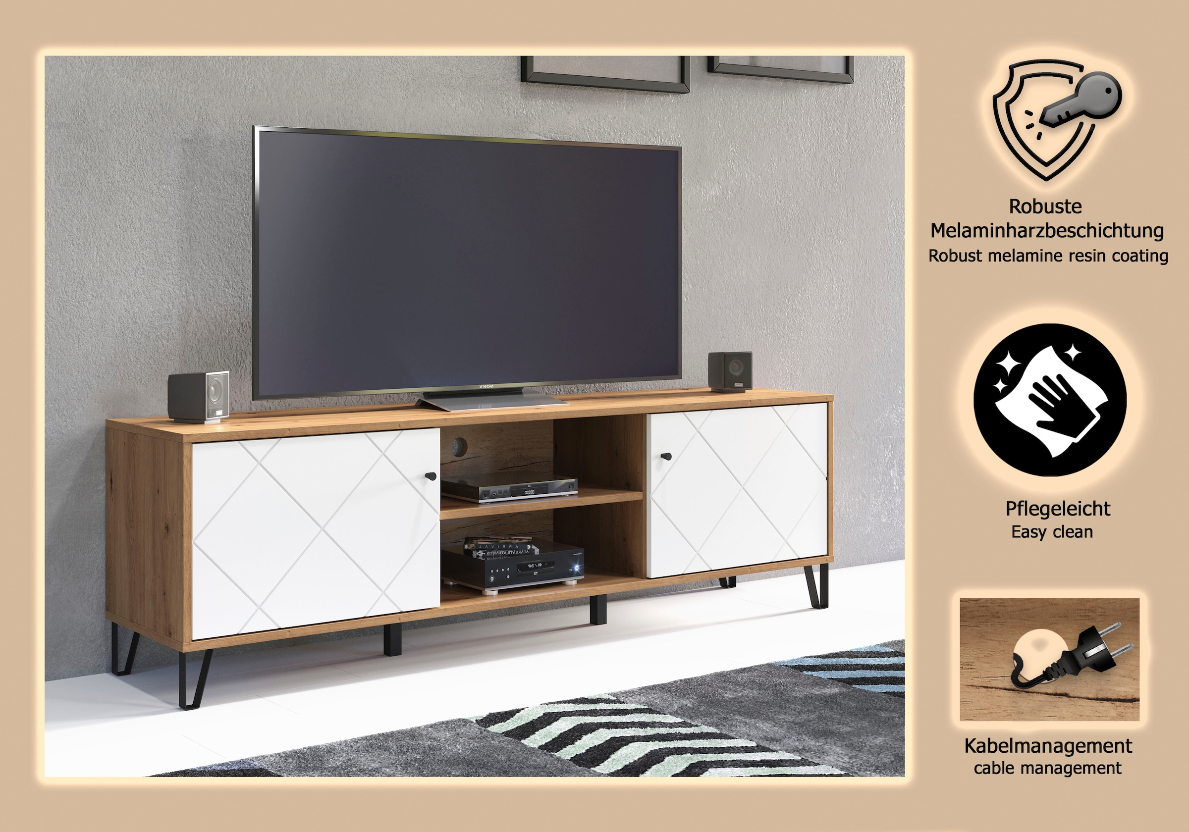 Places of Style Lowboard »Tarragona TV-Kommode«, TV-Unterteil mit 2 Türen & 2 Fächern - (B/T/H) 183/40/56 cm