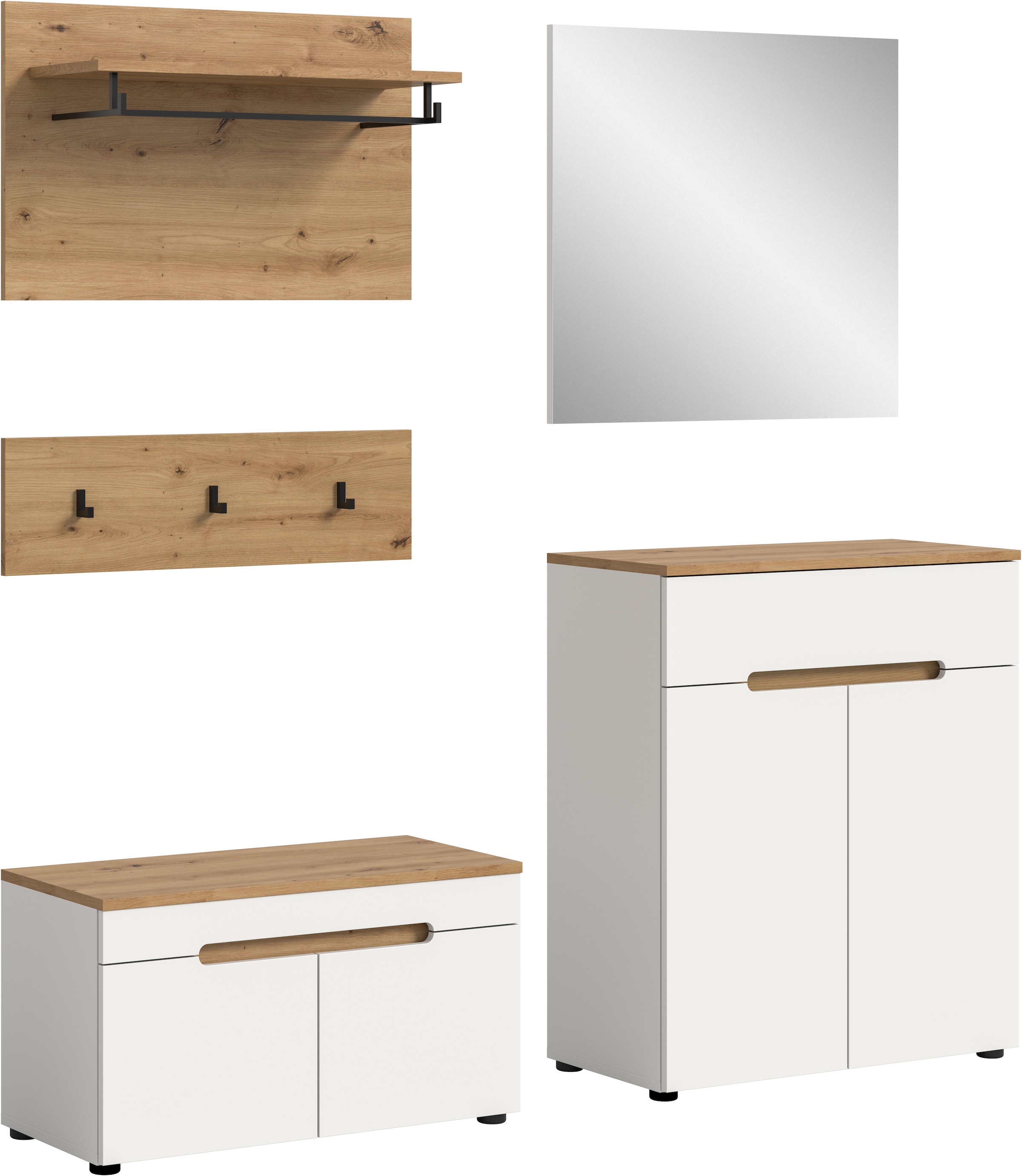 Home affaire Garderoben-Set "REHAT, TOPSELLER, 5-teilig, Breite 175cm, individuell stellbar" Set, bestehend aus: Sitzbank, Paneel, Hakenleiste, Spiegel, Kommode, 4 Stk. tlg.