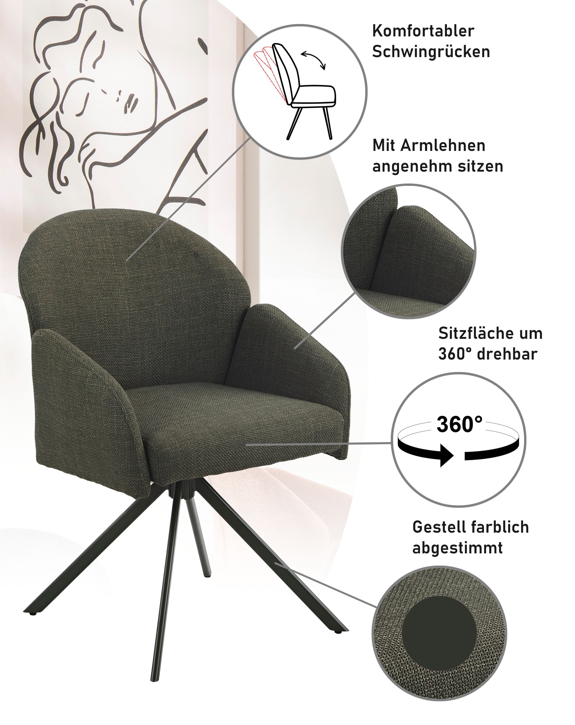 HELA Armlehnstuhl »HOLLY« (Set) 1 Stk.360° drehbar, Armlehnen, Gestell angepasst, Swing Back Komfortrücken