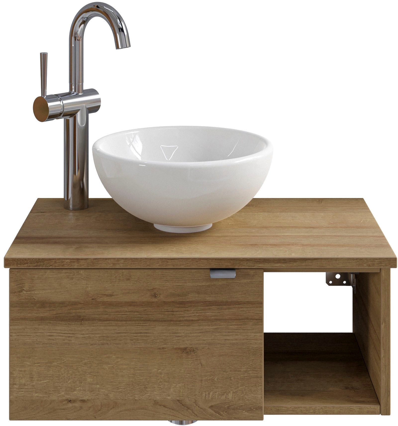 Saphir Waschtisch "Serie 6915 Waschschale mit Unterschrank für Gästebad, Gäste WC" Keramik-Aufsatzbecken, Waschtischplatte, Waschtischunterschrank, 3 Stk. tlg. 61 cm breit, 1 Tür, offenes Fach, kleine Bäder, ohne Armatur