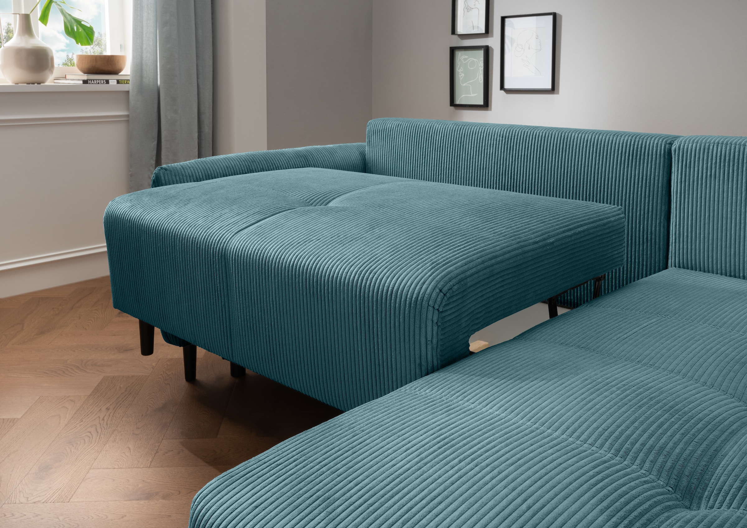 INOSIGN Ecksofa »Mara, aktueller Cord Bezug, wahlweise mit Bett und Bettkasten«, mit schmalen Armlehnen, Recamiere links und rechts montierbar, L-Form