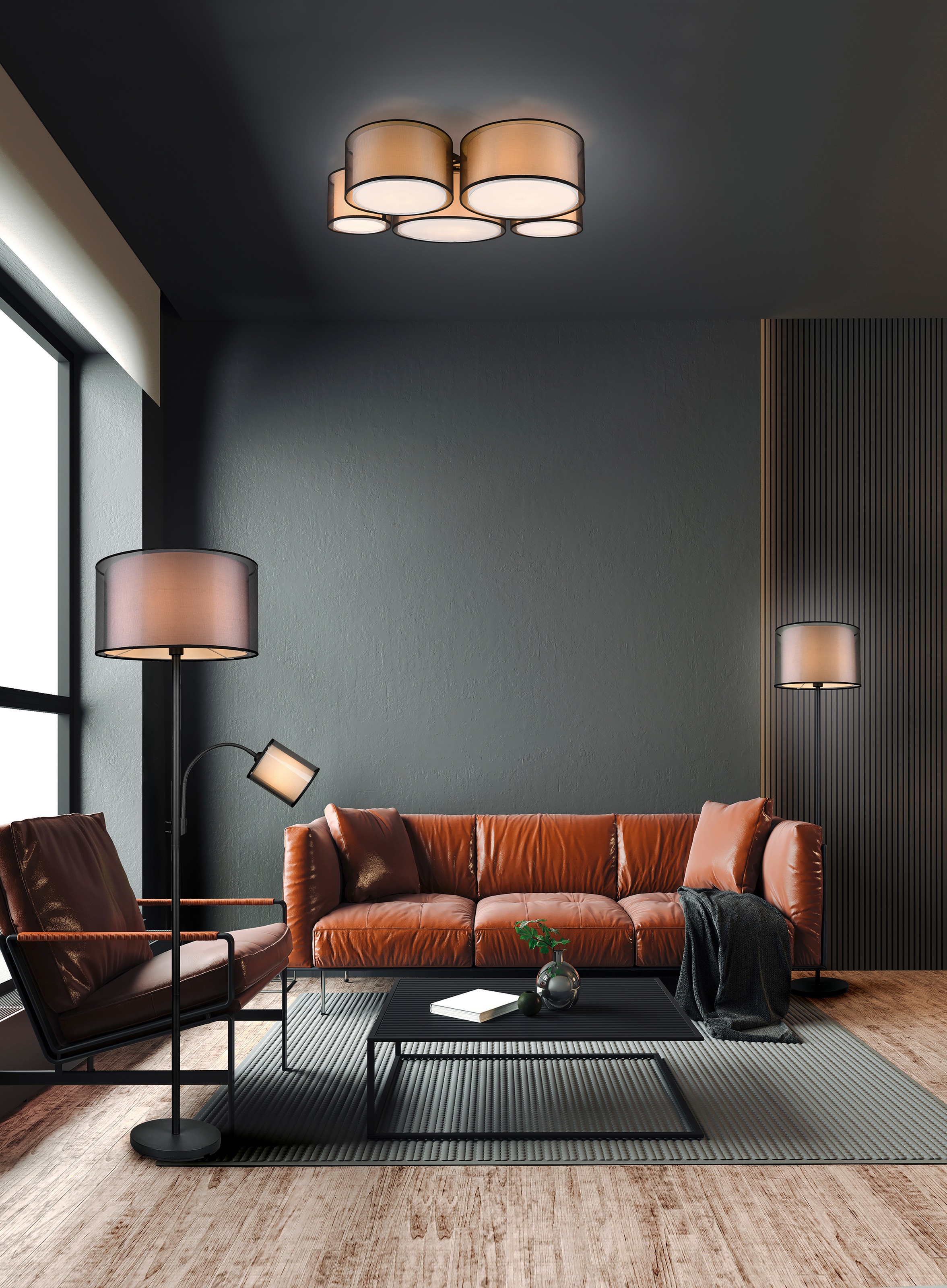 my home Stehlampe »Liotta«, 2 flammig, Leuchtmittel E27 | Leuchtmittel wechselbar, Stehleuchte mit Lesearm, Deckenfluter Doppelschirm Textil, Höhe 174 cm